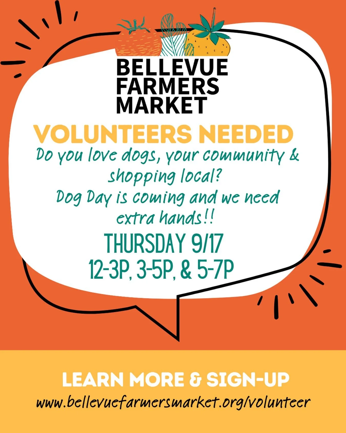🚨 VOLUNTEERS NEEDED 🚨

Do you love dogs, your community &amp; shopping local?

The Bellevue Farmers Market is in need of volunteers for Thursday 9/17, multiple shifts available! 

Sign up at www.bellevuefarmersmarket.org/volunteer

📍1717 Bellevue 