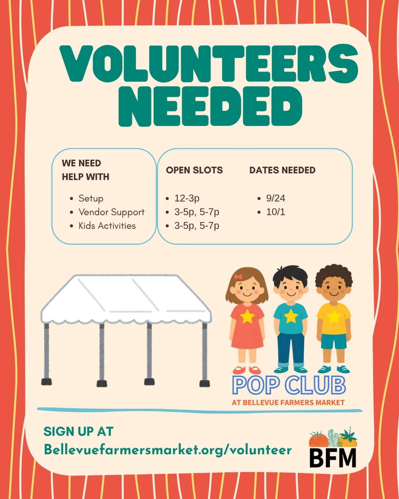 ⚠️🆘 Bellevue Farmers Market needs your help! 🆘⚠️

As we near our last few Thursday markets we are in need of a few more helping hands!

Our greatest need is on 9/24 to assist with our kids activity tent, spots available 12-3p (to help setup) &amp; 
