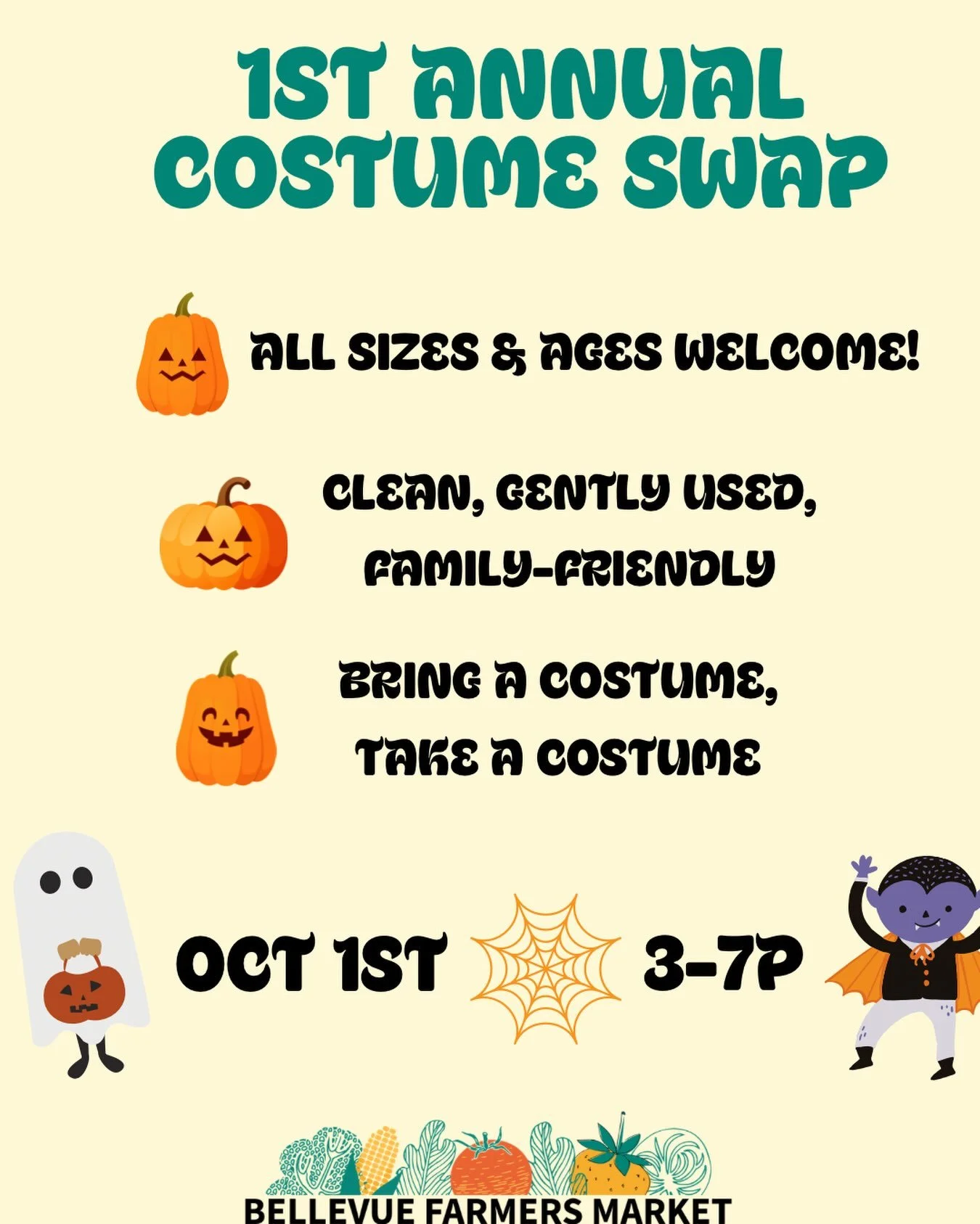 🎃👻 Grab your BFM totes or reusable bags and head down to the Bellevue Farmers Market this Thursday for our last &ldquo;regular season&rdquo; day! 👻🎃

We&rsquo;ll be hosting our first annual costume swap!

Please bring clean, gently used, family f