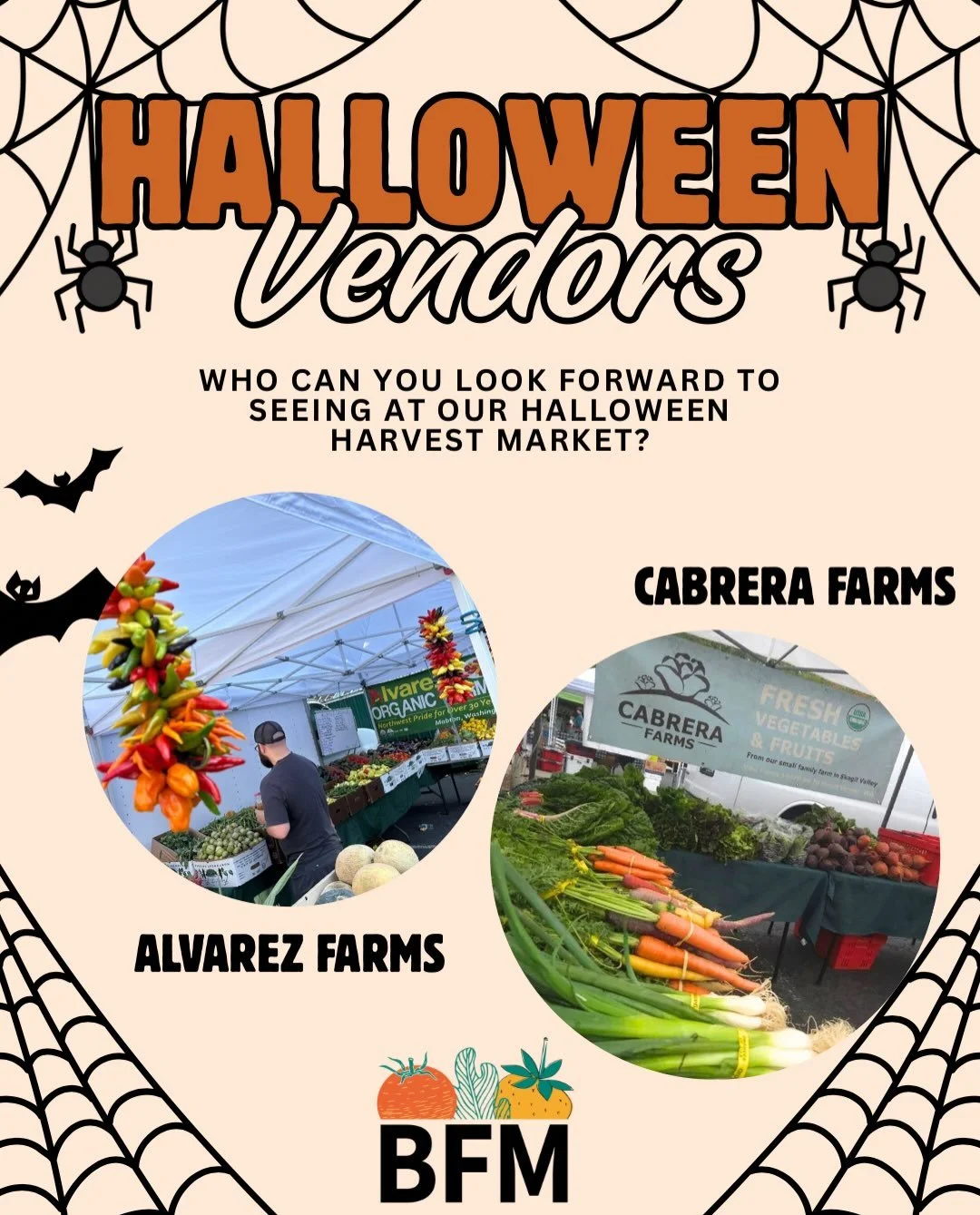 🌽🎃 Who can you look forward to seeing at our Halloween Harvest Market?? 🎃🌽

Many of our regular season vendors are returning for our Fall Markets! These are just a few of who you can look forward to connecting with.

Keep a look out here, or sign