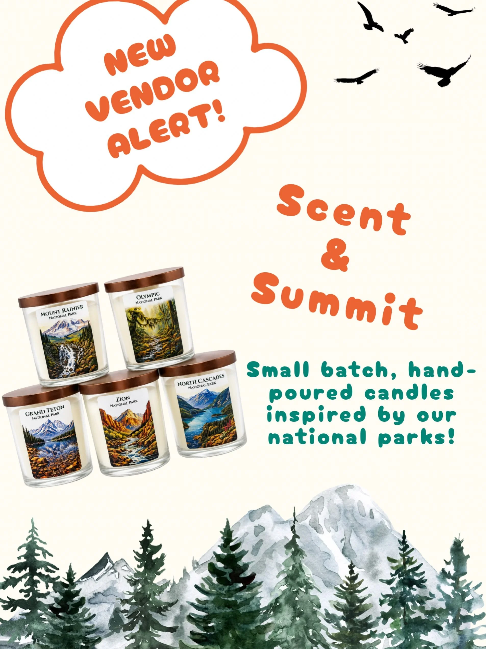 🕯️🌲 New Vendor Alert! 🌲🕯️

Inspired by a love of the outdoors and America&rsquo;s national parks, @scentandsummit is a Seattle-based craft candle company creating small-batch, hand-poured candles that capture the essence of our favorite landscape