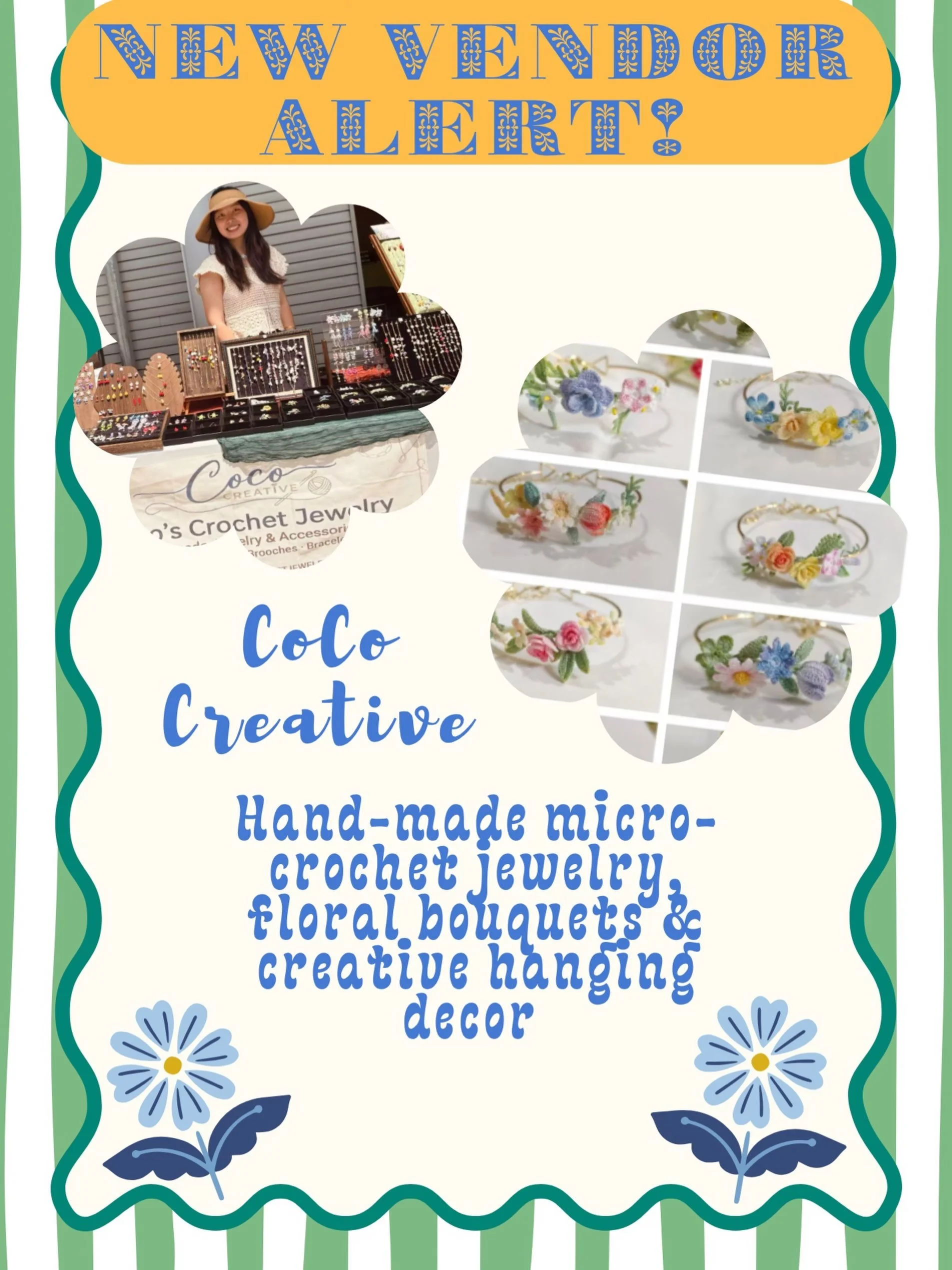 🧶🌸 New Vendor alert: Coco Creative is joining us! 🌸🧶

Coco Creative makes original crochet designs and micro-crochet jewelry, worked with super fine lace thread and tiny hooks. Inspired by flowers and plants, each miniature piece is incredibly de