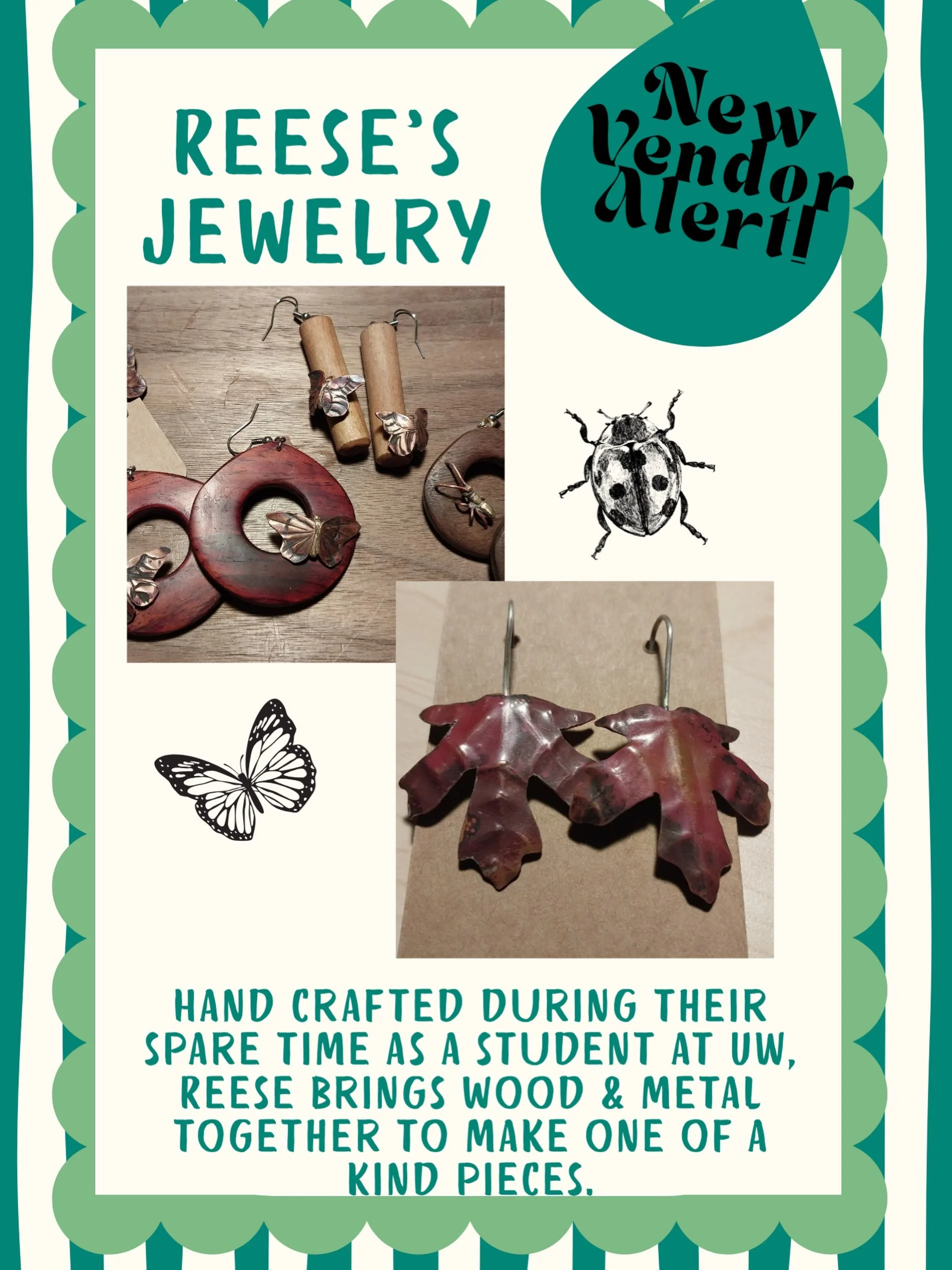 🪲💍 New vendor alert: please welcome Reese and a collection of one-of-a-kind handmade jewelry! 💍🪲

Every piece starts as raw wood and sheet metal. Reese turns the wooden pieces on a lathe and inlays them with contrasting woods, shell, and wire. Fo
