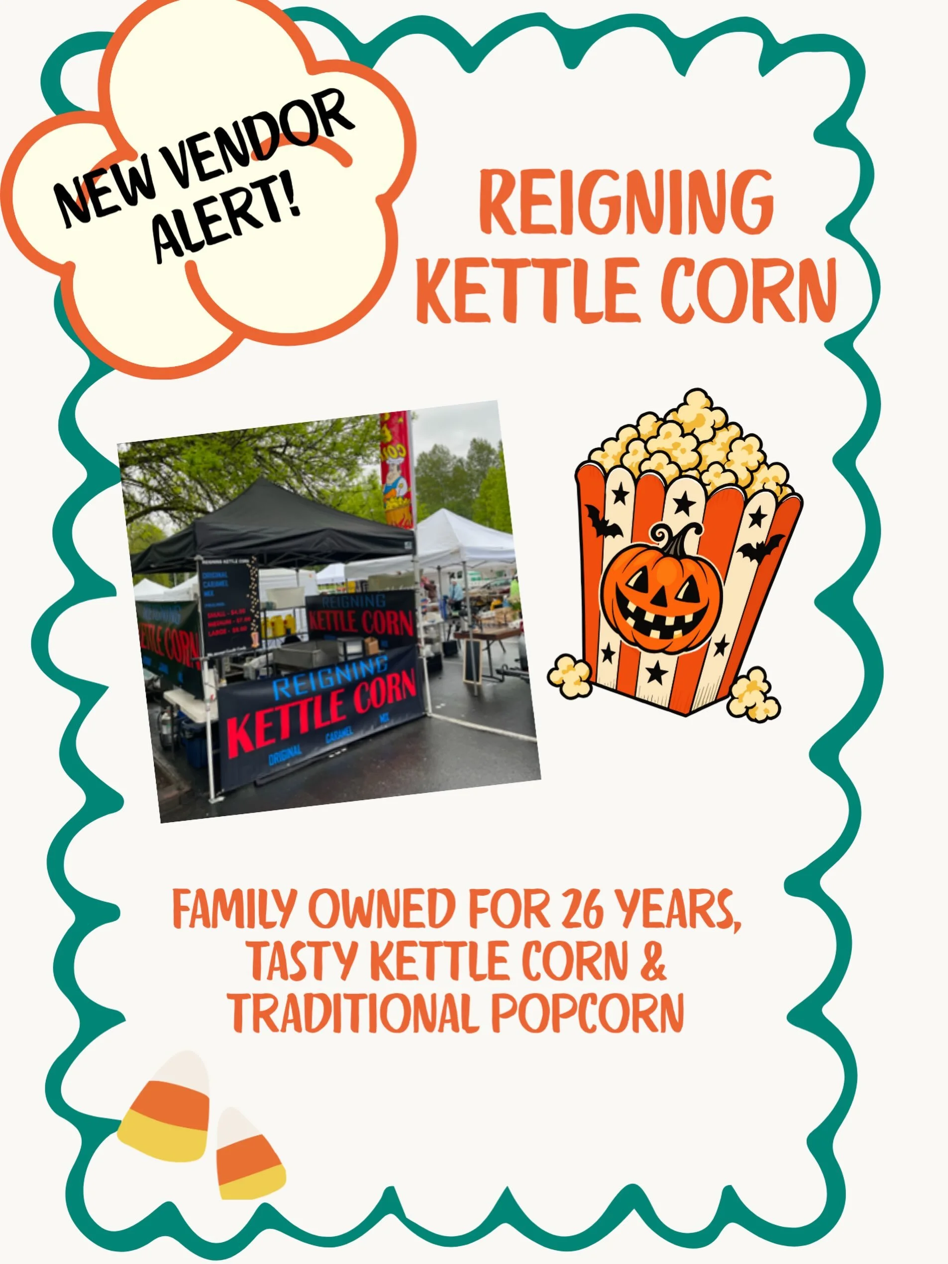 🍿✨ Vendor alert: Reigning Kettle Corn is popping in! ✨🍿 

With 26 years in business, this kettle corn pro knows exactly how to hit that perfect sweet and salty balance. He&rsquo;ll only be with us on Halloween, so get it while you can! Follow your 
