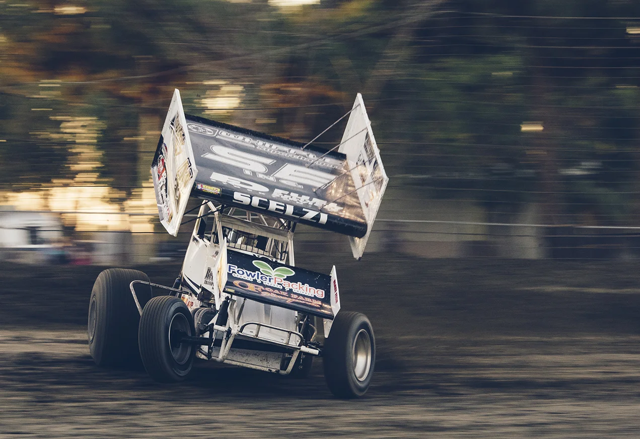 Dominic Scelzi of Fresno makes a qualifying lap at Hanford driving his winged 360 sprint.