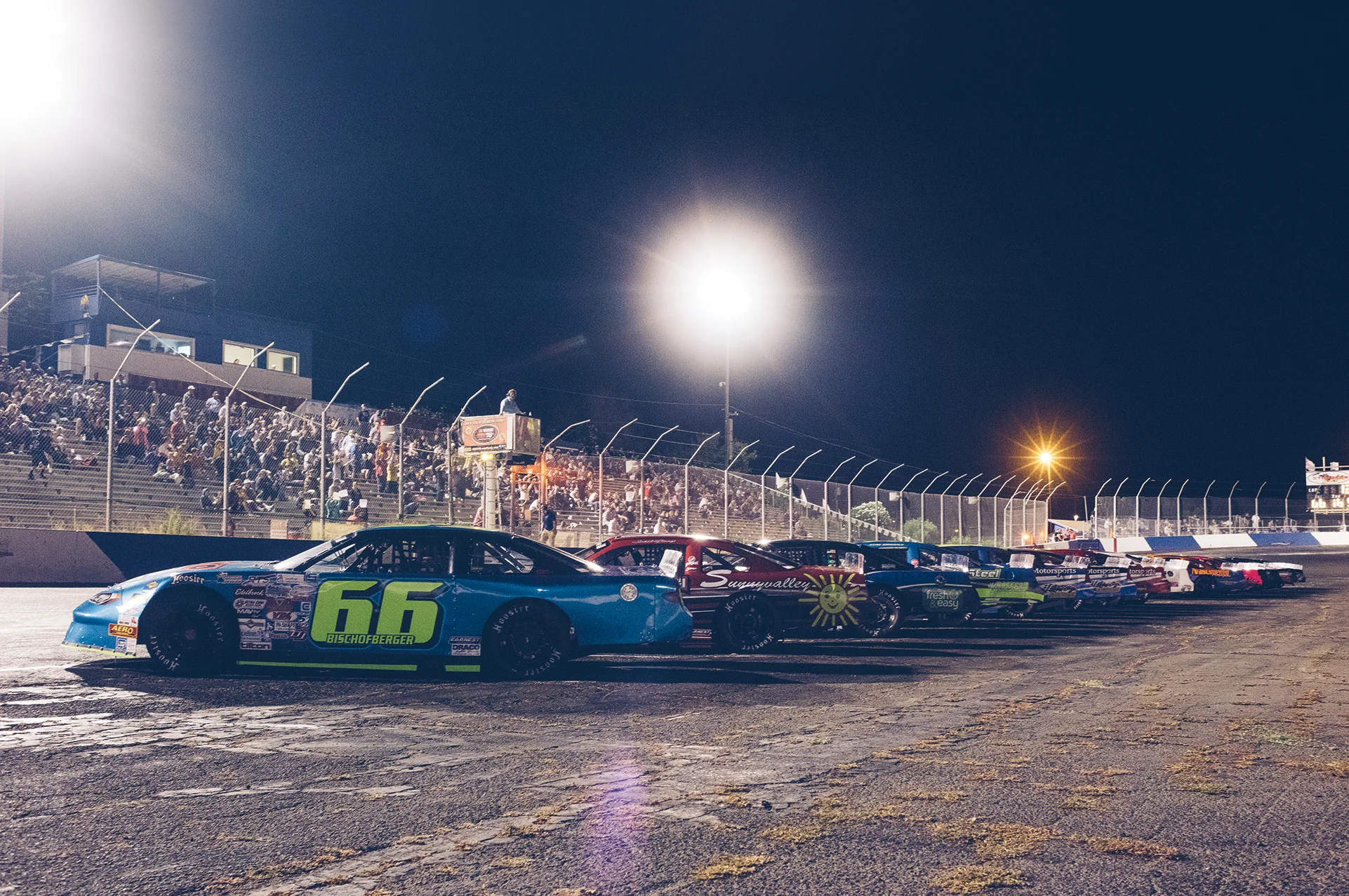 Southwest Tour late models in staging for the main event at Stockton 99.
