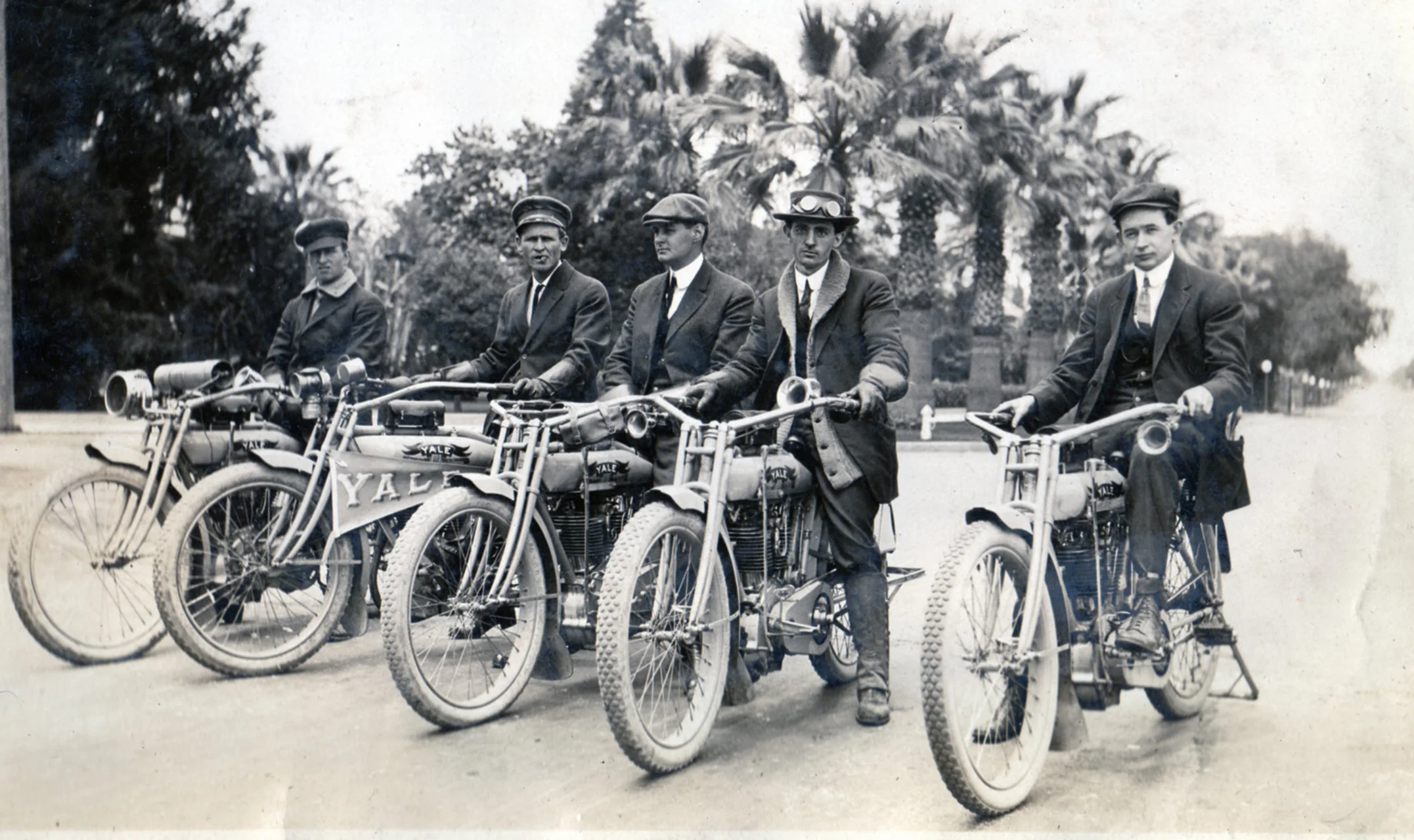 William Langley, second from the left, and a group of Yale owners pose with their new motorcycles. Langley was an agent for Excelsior, Henderson, Pierce, Jefferson, Pope and Yale. He believed the best way to sell his product was to get out with the customers and ride what he sold.