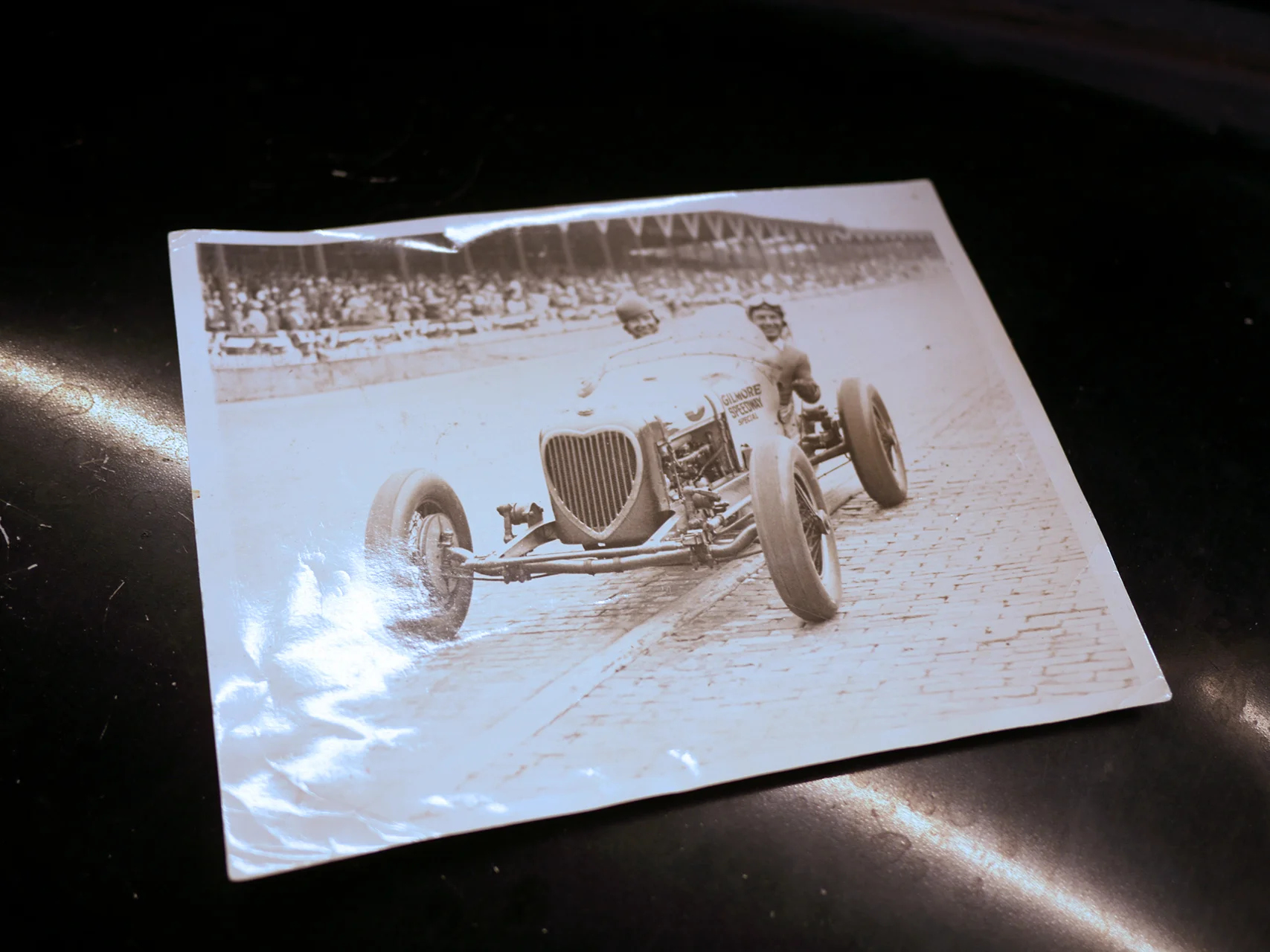 Period shot of Kelly Petillo and riding mechanic Jimmy Dunham in the original Gilmore speedway special during the 1935 Indianapolis race.