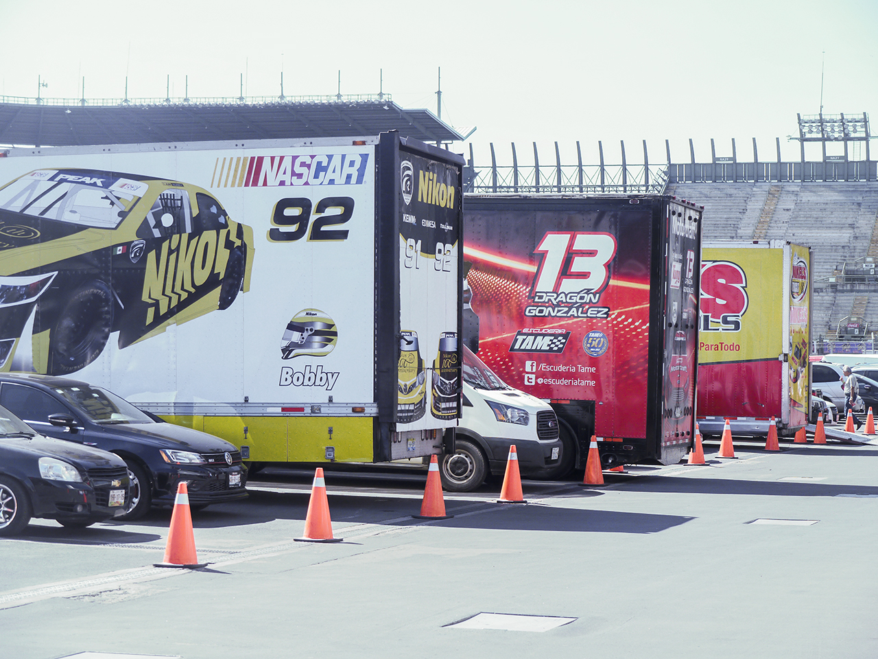 NASCAR Peak Mexico team trailers in the paddock. The NASCAR teams also race touring cars.