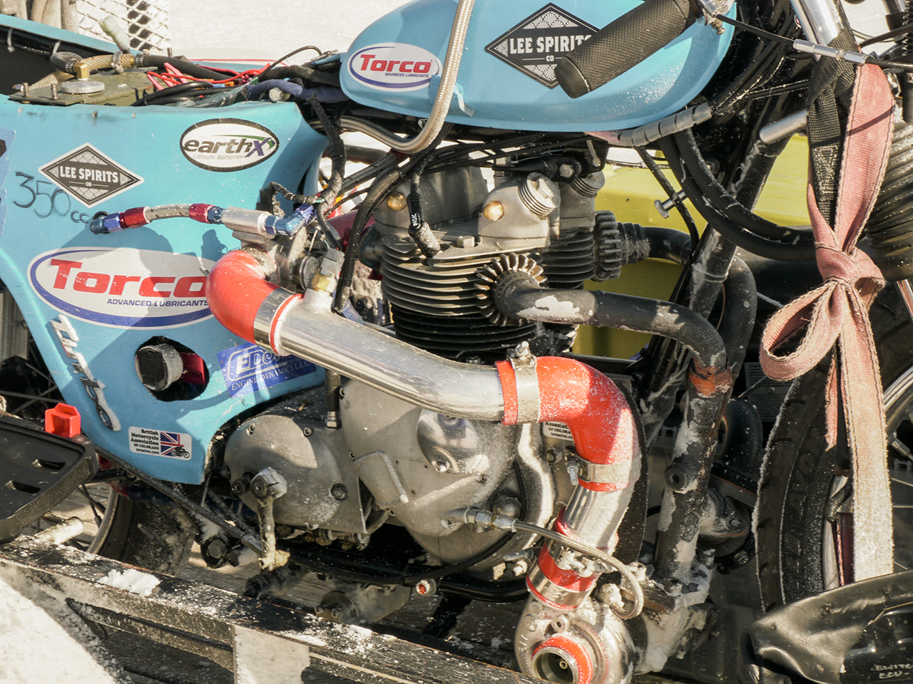  John Stoner's blown Triumph T100 all the way from Colorado Springs. You don't see bathtub Triumph race bikes too much. Most of the tubs were chucked right off the bat. 