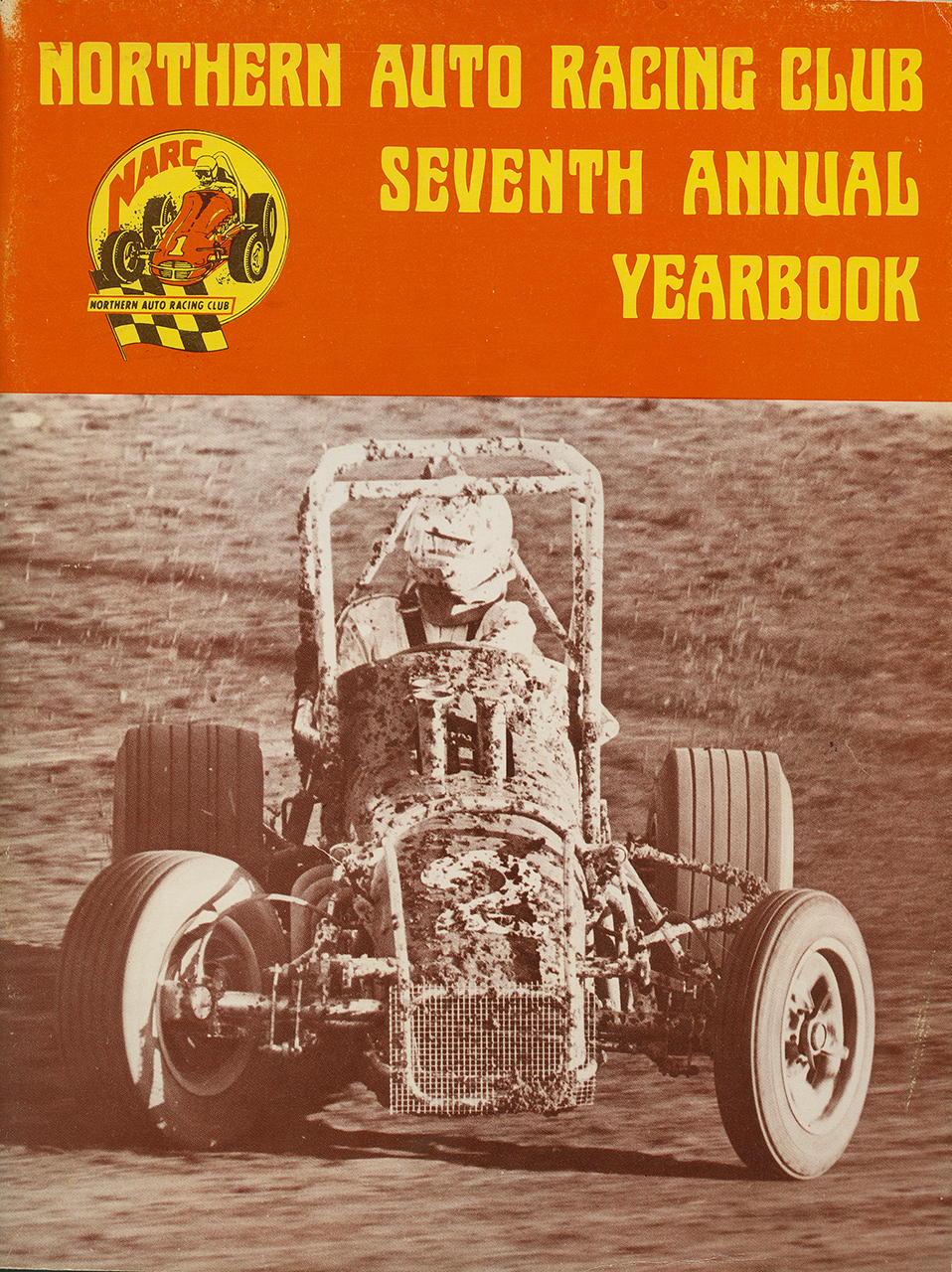On the cover of the 1975 NARC yearbook, champion Van Conett in the first turn at Calistoga, driving Ted Hunting's sprint car.