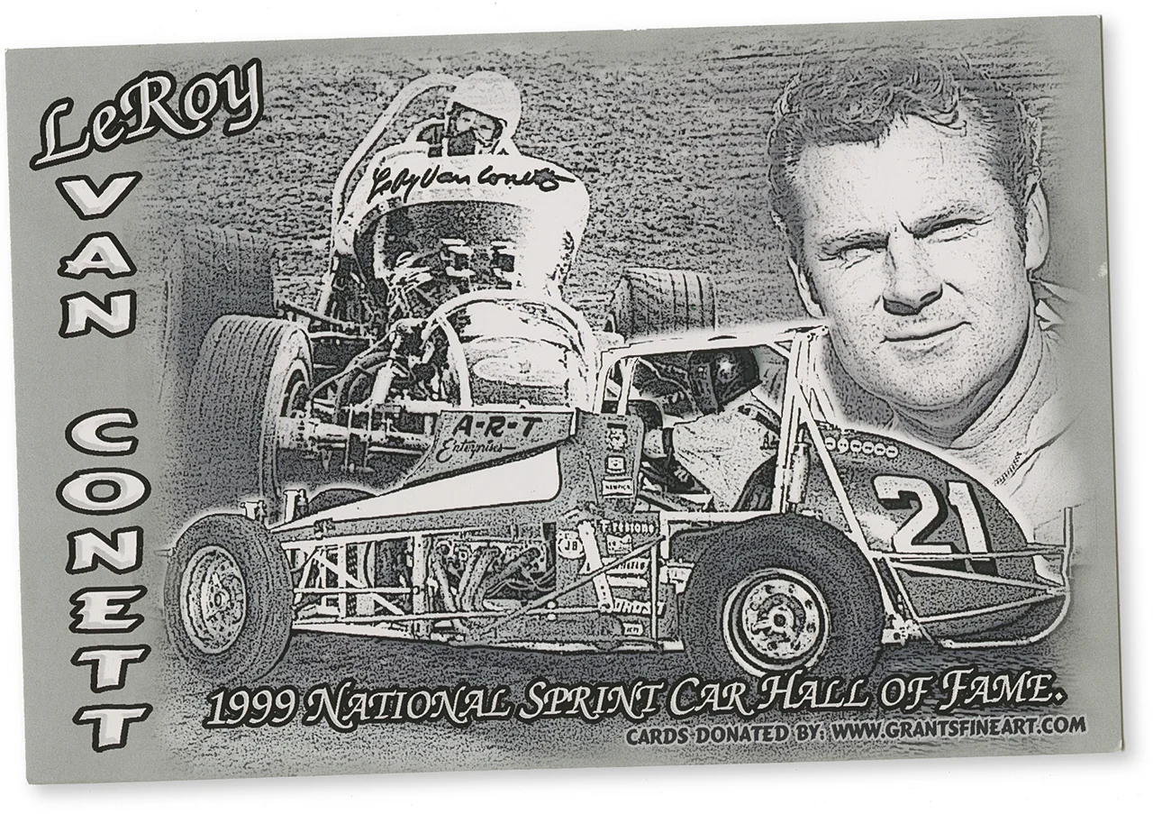 Van Conett’s commemorative “hero card” for his induction to the National Sprint Car Hall of Fame in Knoxville, Iowa, 1999.