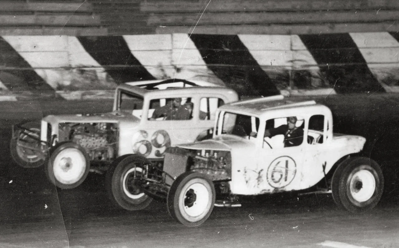 Herb (69) and Howard (61) Kaeding racing modifieds at San Jose Speedway in the early 1960s.