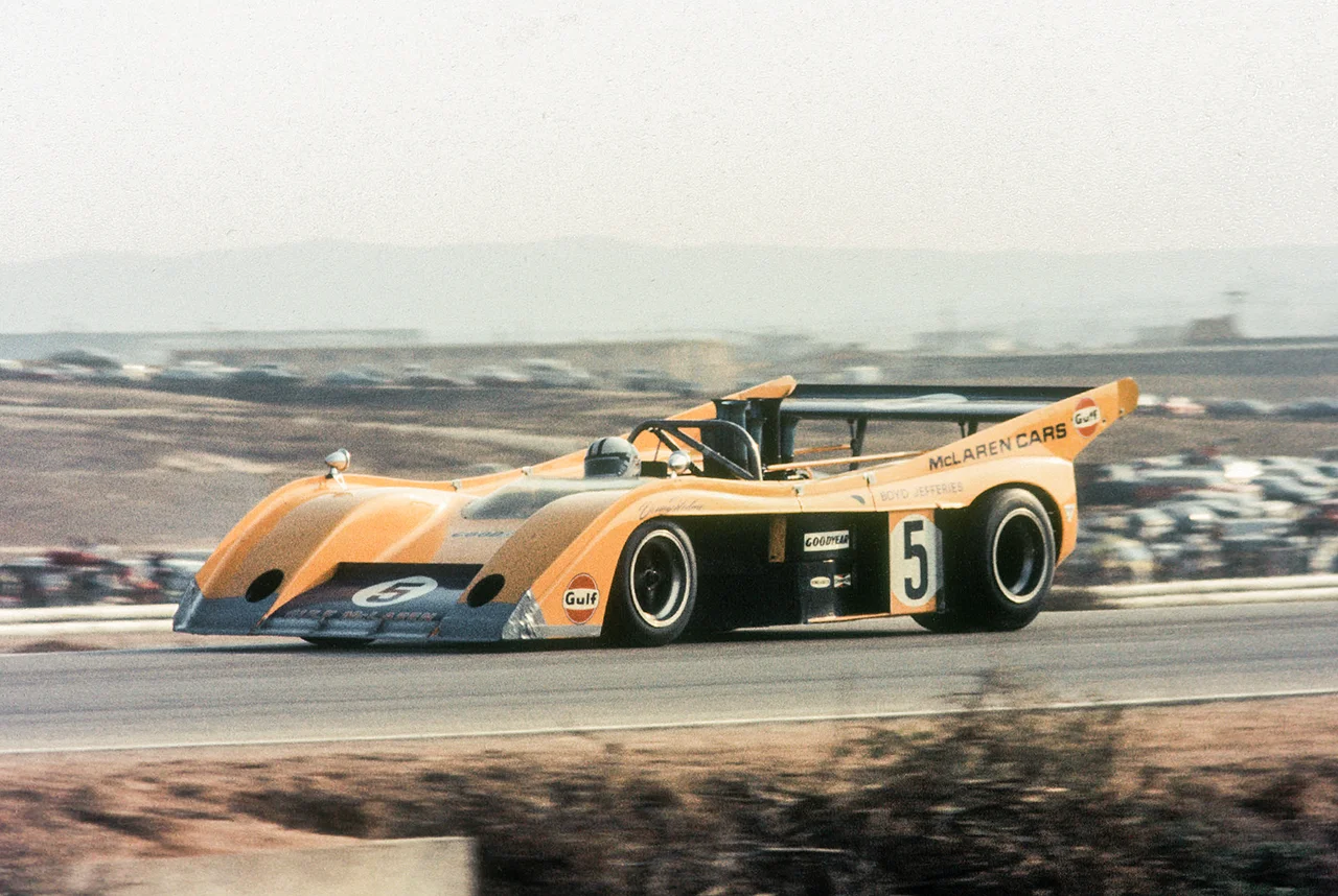 Kiwi Denny Hulme in the Chevrolet powered Mclaren M20. Bruce McLaren and Hulme won the championship twice each before Porsche 917 became dominant. In all McLaren won the Can-Am championship six times. At Riverside Hulme qualified in second place to put him on the front row but after the engine suffered a broken cam follower towards the end of the race he pitted to finish in 19th place. The wing and the wide body of the car provided massive downforce but even that could barely keep the huge power of the 8 liter engine under control. Hulme's teammate Peter Revson finished in second place.