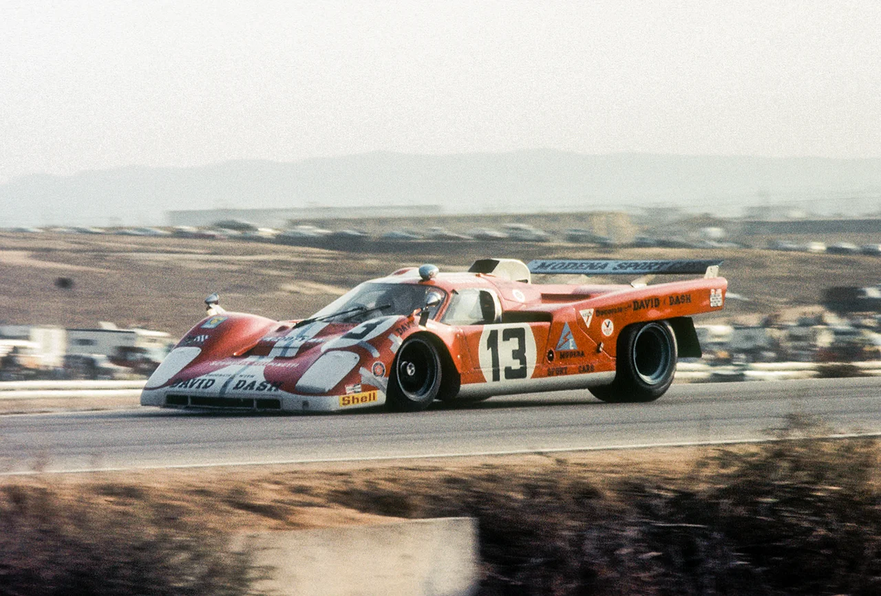 Ferrari 512 driven by Brit Mike Parkes. Entered by Modena Sports Cars, the 512 featured a 5 liter flat 12 cylinder engine. The 512 was a staple at Le Mans and international sports car racing but it was outmuscled by the Mclarens, Lolas and Porsches in Can-Am. Parkes finished around 10th place but the car was dis-qualified because it was taken out on the track by an un-licensed pilot, reportedly the owner of Modena Sports Cars.