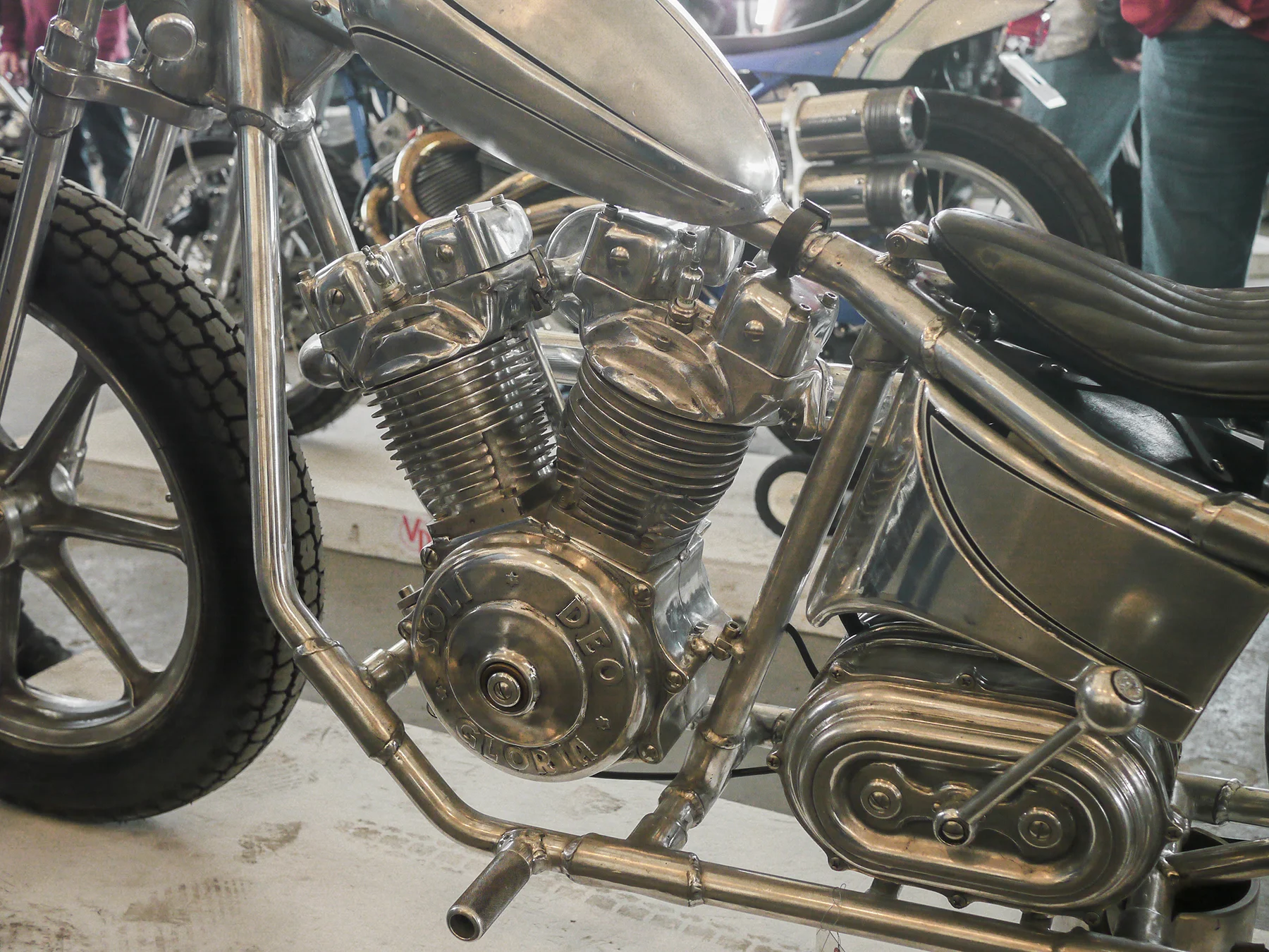 Detail of the engine casting. It has design elements of Ironhead and JAP engines. Wannabe is developing their own engine which is still in the design stage. Most of the aluminum parts as well as the frame were made by Wannabe-Choppers.