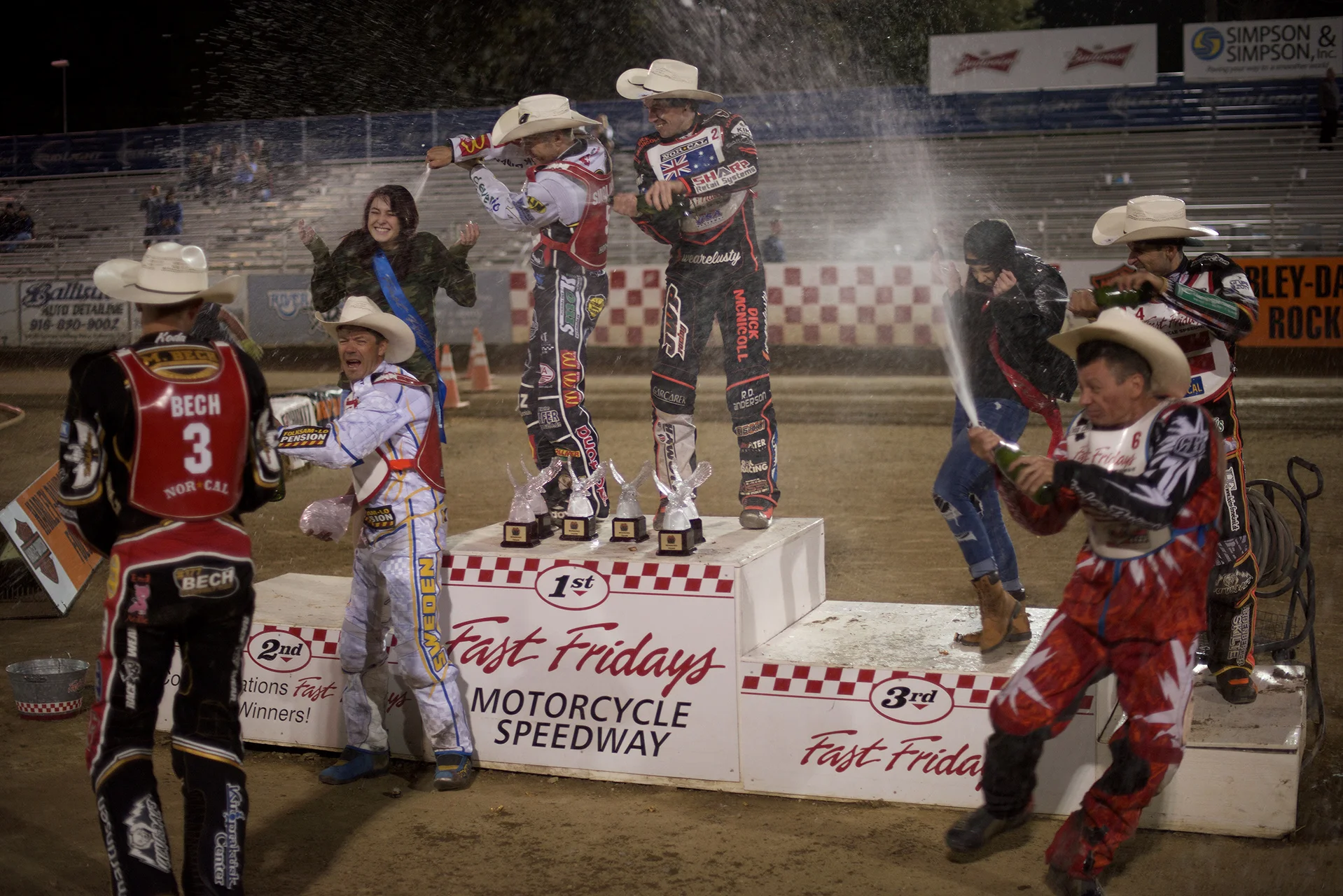 The World team celebrates a hard-won victory. Mikkel Beck, Peter Ljung, Martin Smolinski, Sam Masters, Charlie Venegas and Mikkel Michelson having fun.