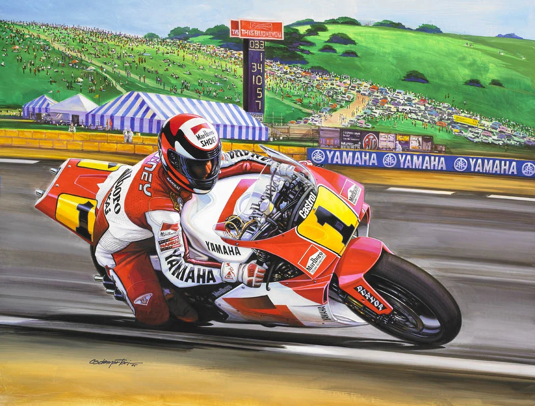 Three time world champion Wayne Rainey heading towards turn 11 at Laguna Seca. Hector: Yamaha USA commissioned this painting of Wayne Rainey going around turn 10, "his" turn, at Laguna Seca. They made posters for their promotions at the US Grand Prix. I also did a companion piece of Eddie Lawson. Tri campeon mundial Wayne Rainey hacia la Curva 10 en Laguna Seca. Hector: "YamahaUSA encargo esta pinture de Wayne Rainey circulando en "su" curva en Laguna Seca e imprimieron posters para sus promociones durante el US Grand Prix. Tambien hice una de Eddie Lawson para el mismo evento".