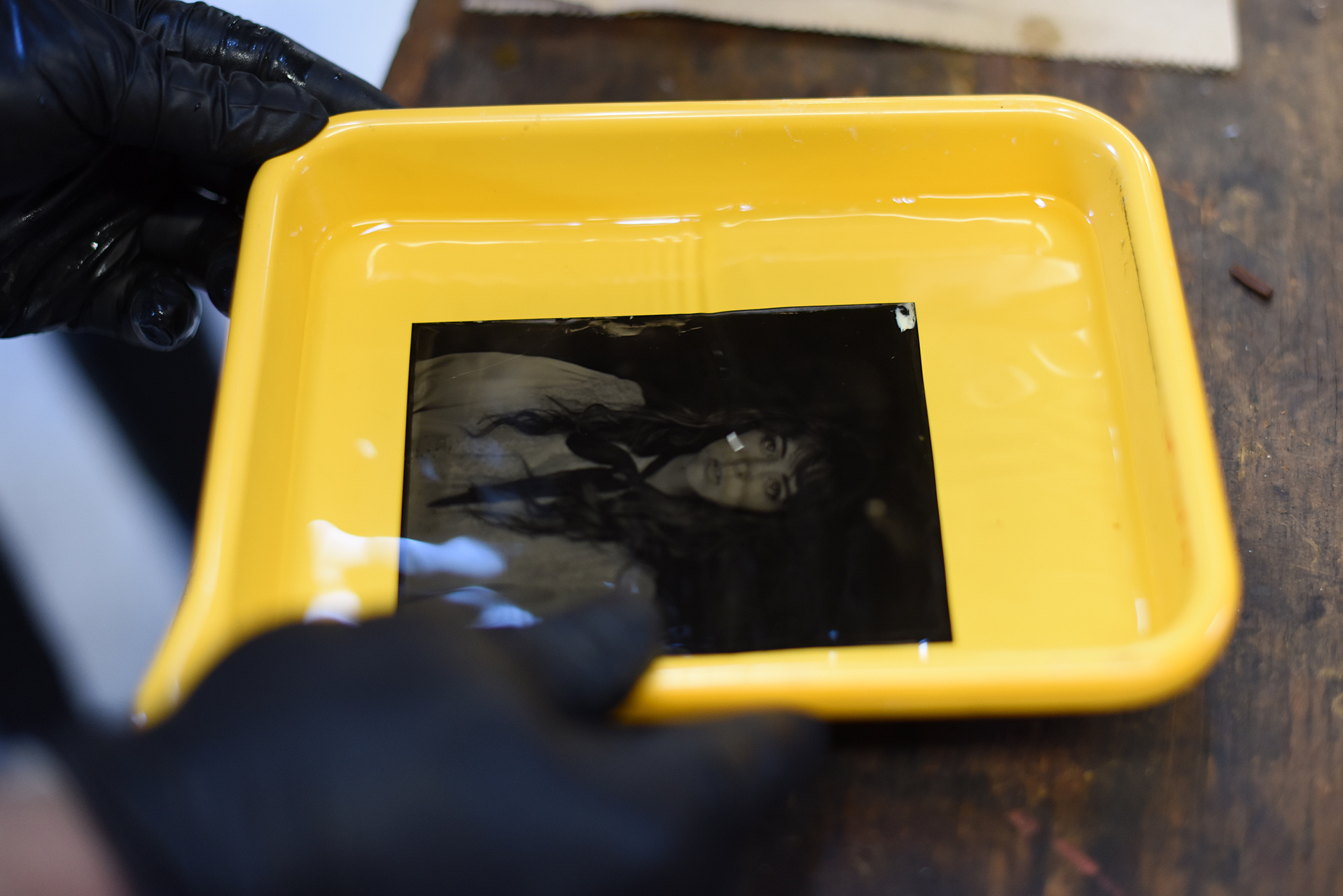 The last step of the process is a water bath that washes the fixer from the plate. The image appears as if by magic in the water bath.