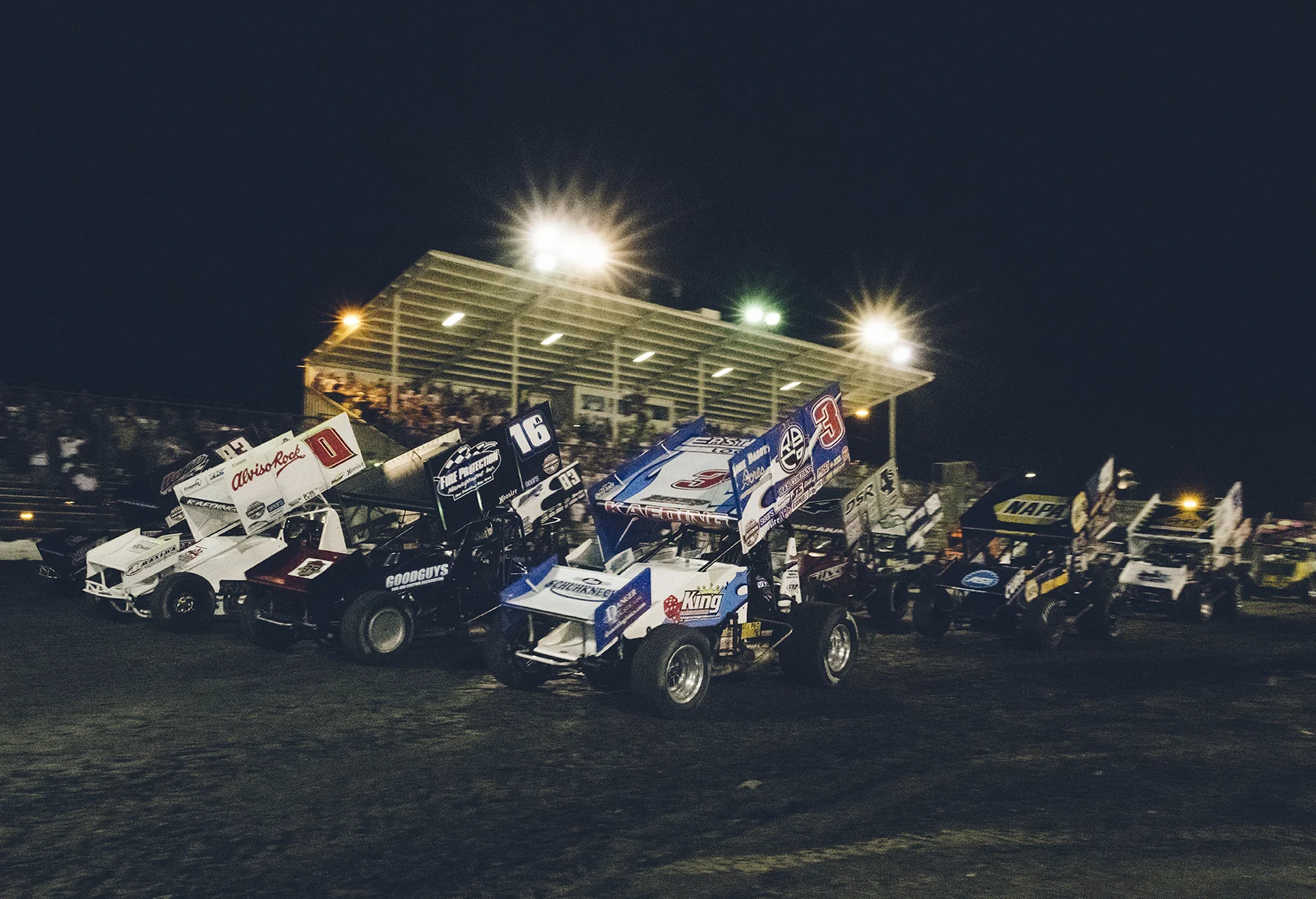 Tim (3) and Bud (0) on the front row during a four-wide “salute” at Chico, CA, for the Gold Cup Race of Champions, 2018.
