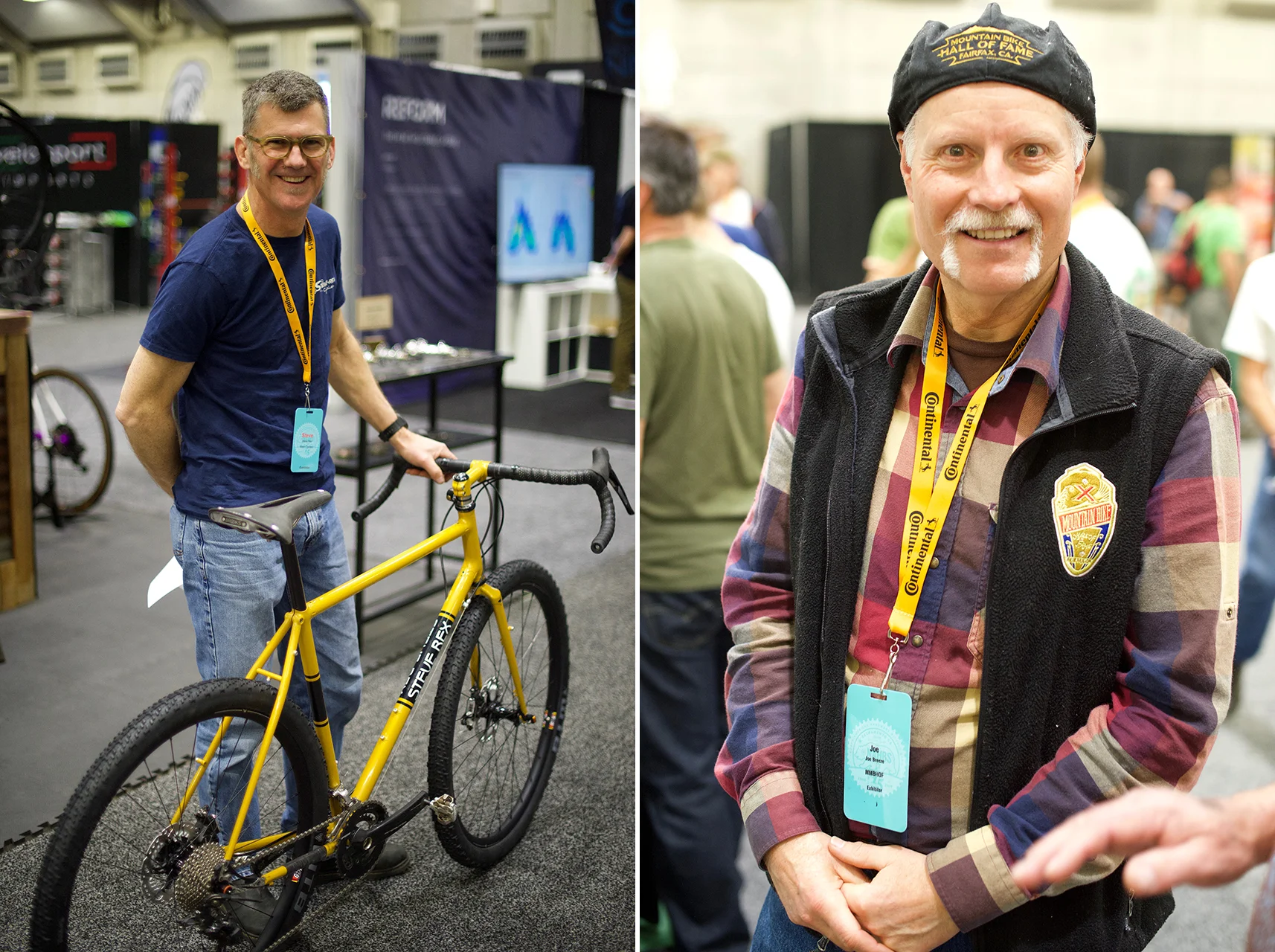 L to R. Frame builder Steve Rex caught in the act of wheeling his gravel bike off for judging. His city bike won best in its class. Mountain bike legend Joe Breeze was hanging out at the Marin Mountain Bike Museum booth visiting with friends and telling stories.