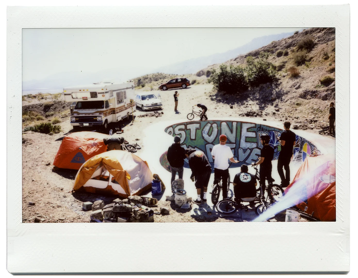 The almighty Nude Bowl. I’ve seen photos of this bowl from the ‘80s of the most amazing BMXers and skateboarders killing it and I just had to see it for myself. After climbing my 1978 Dodge Beaver motorhome up to the top of this crazy hill we settled in for the night around a fire of paint cans and fireworks and waited till morning to ride this beast of a bowl. This was shot shot on my home made "Frankenstax" camera using Instax wide film.