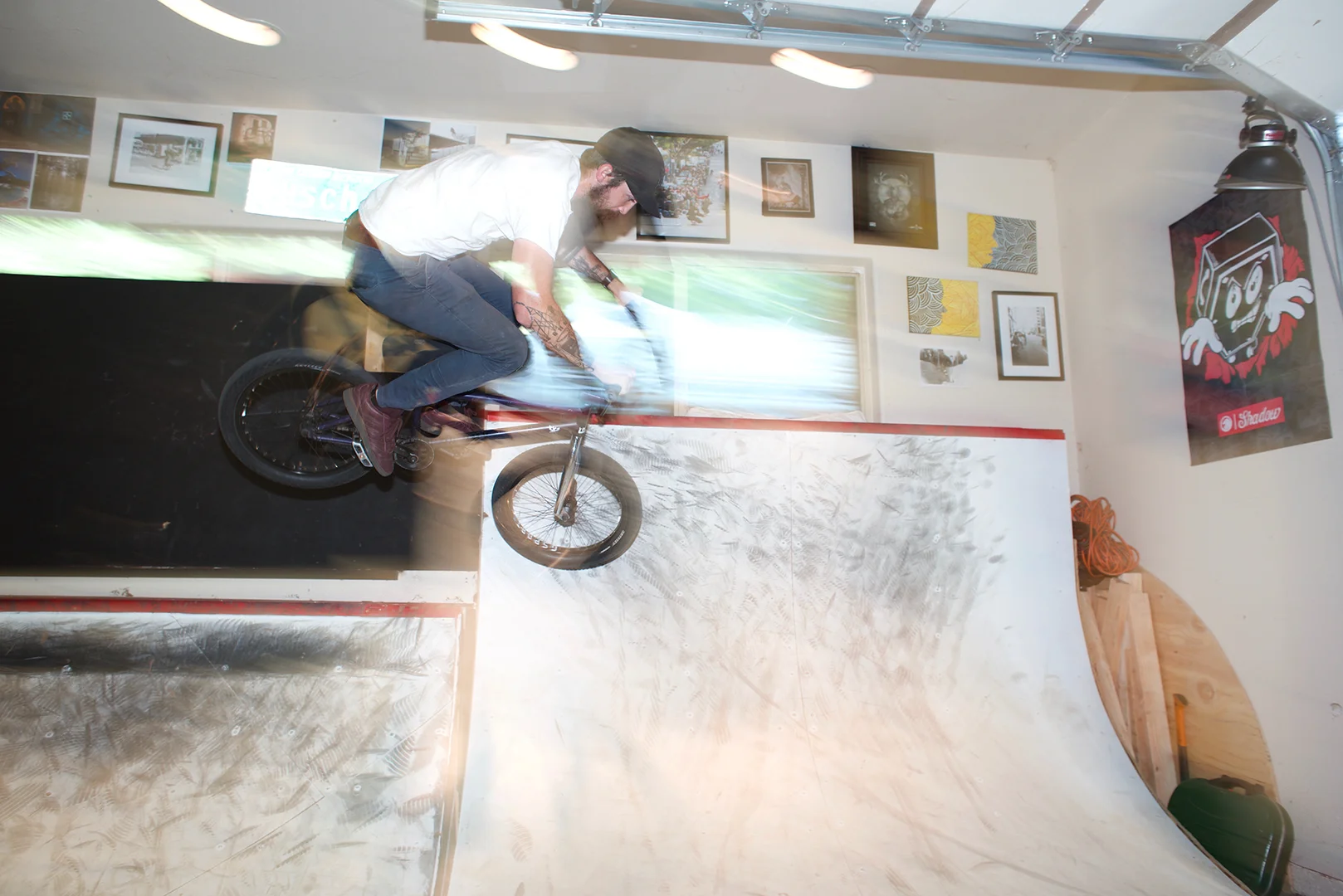 Travis getting some air in the improbably tight confines of his garage.