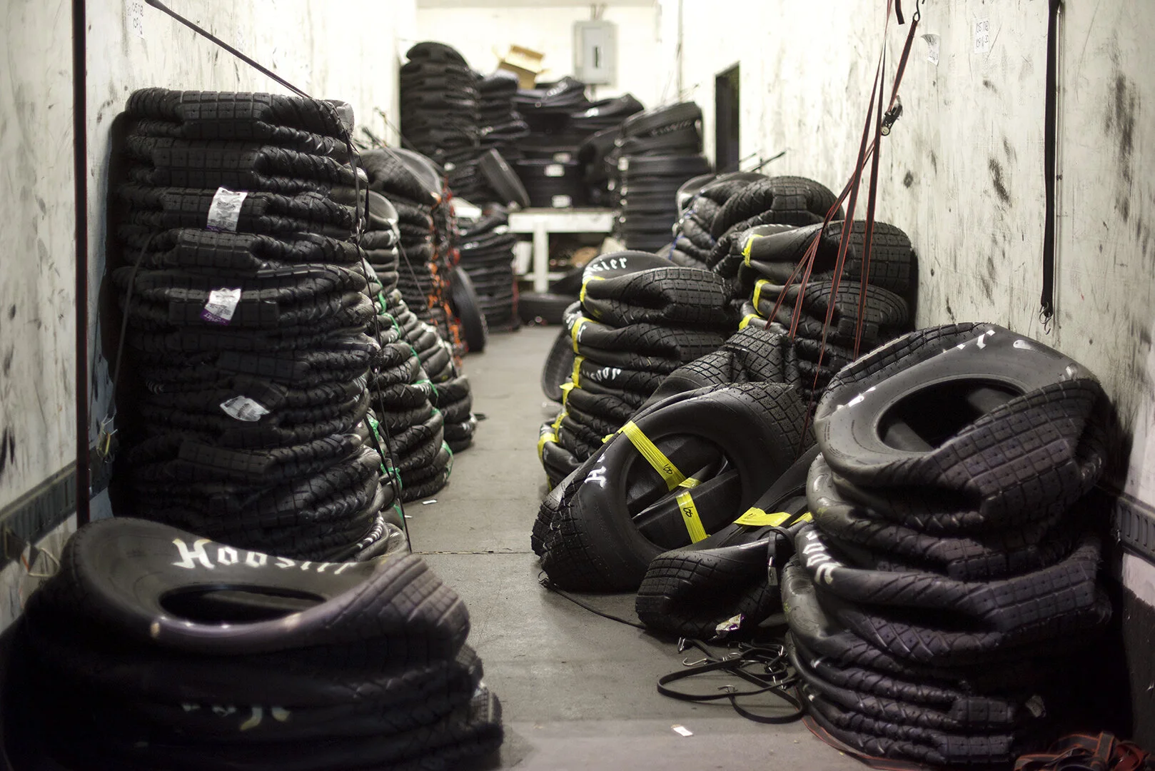 The Hoosier Tire trailer. Modern sprint car tires are surprisingly thin. They come collapsed and bundled up. The most important tire is the right rear.