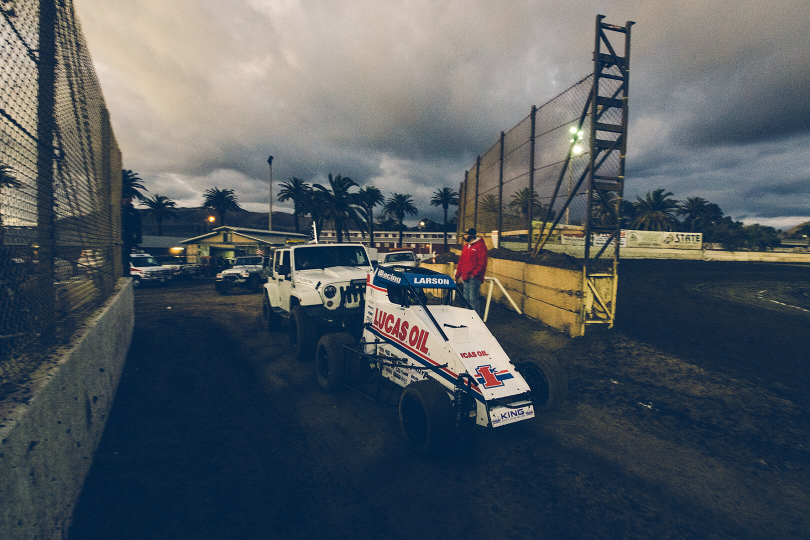  Under stormy skies, Larson is fired off for his qualifying laps. 