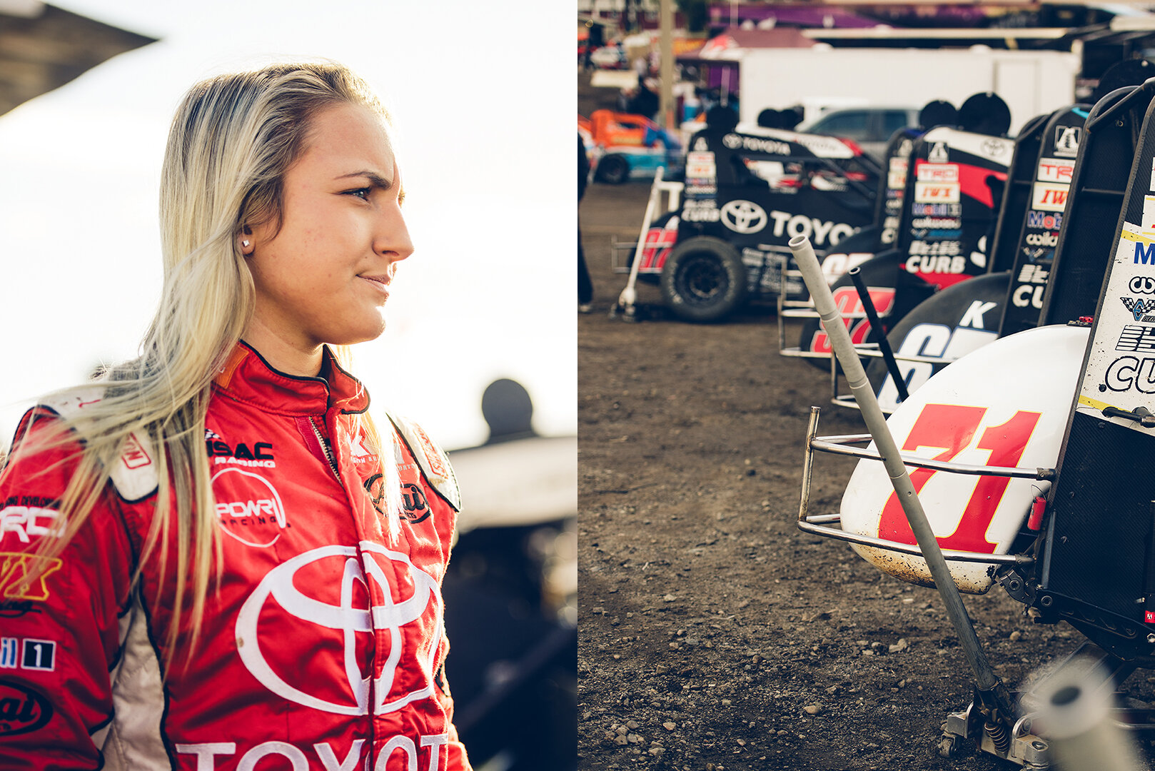  16-year-old Holley Hollan, a midget racer from Broken Arrow, Oklahoma, and the Keith Kunz Racing lineup in the pits. 