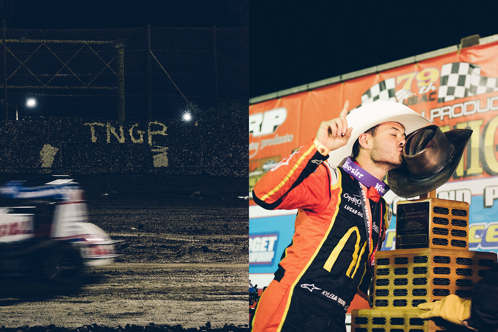  With respect to the tradition of the Indianapolis 500 and the Turkey Night Grand Prix, Kyle Larson kisses the Aggie Trophy, which bears the name of all the winners of the long-running event.   