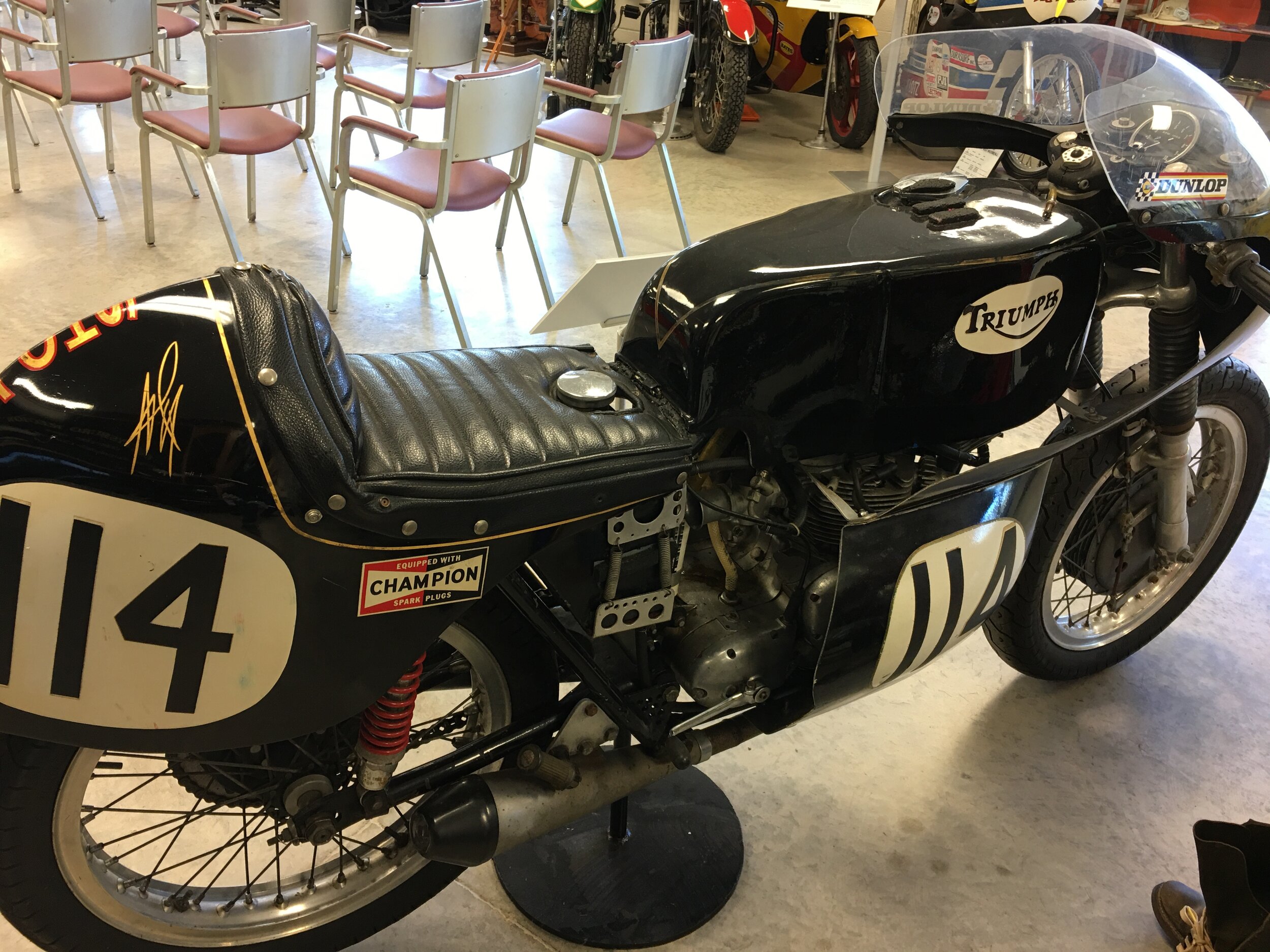  Upstairs in the event space is a nice display of racing motorcycles. This Triumph road racer has a great presence. 