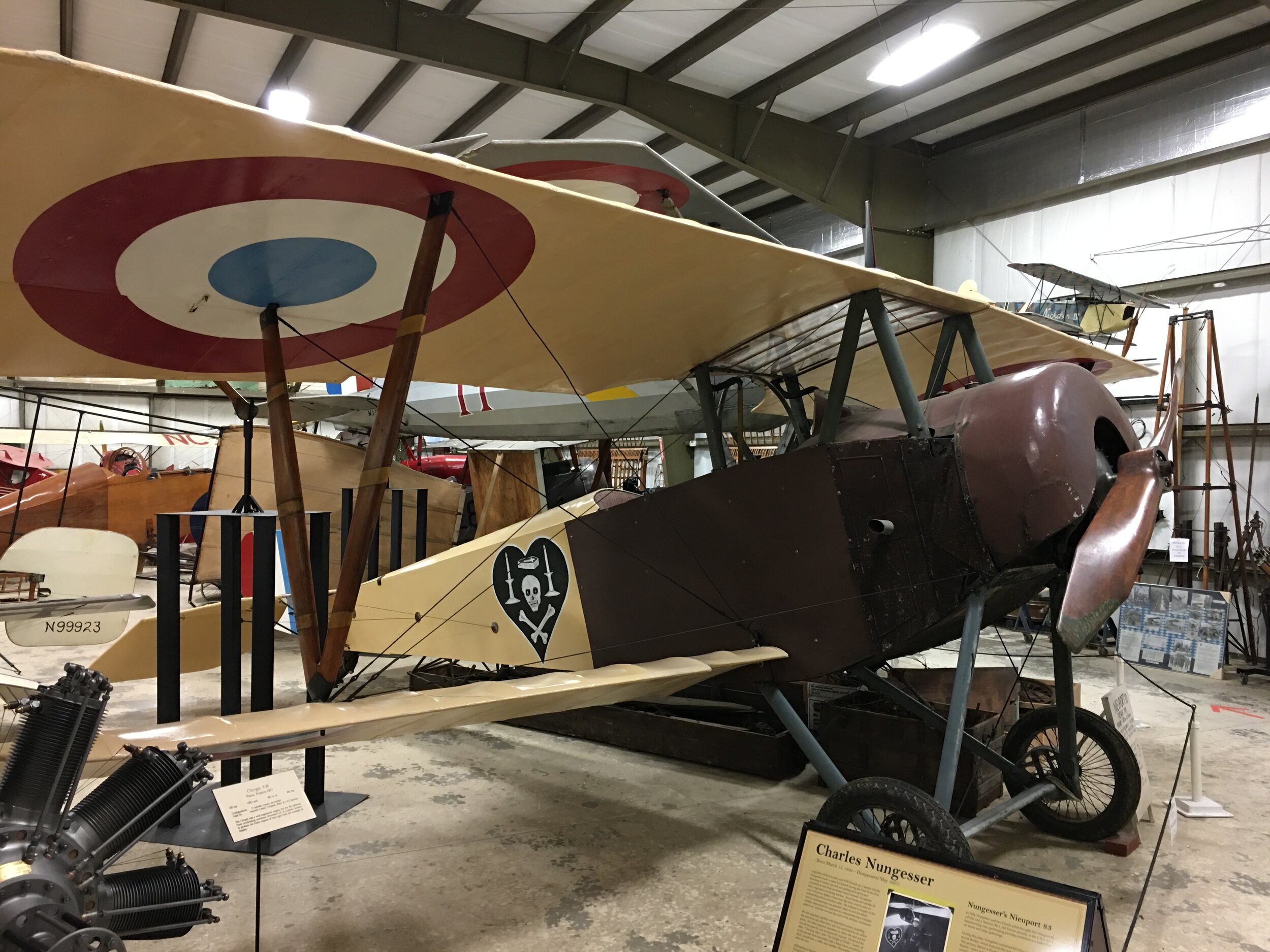  French ace Charles Nungesser’s Nieuport 83. The black heart with the skull was Nungesser’s personal device and he painted it on all his planes.  Nungesser, who had 43 kills in WWI, lost his life trying to fly across the Atlantic. 