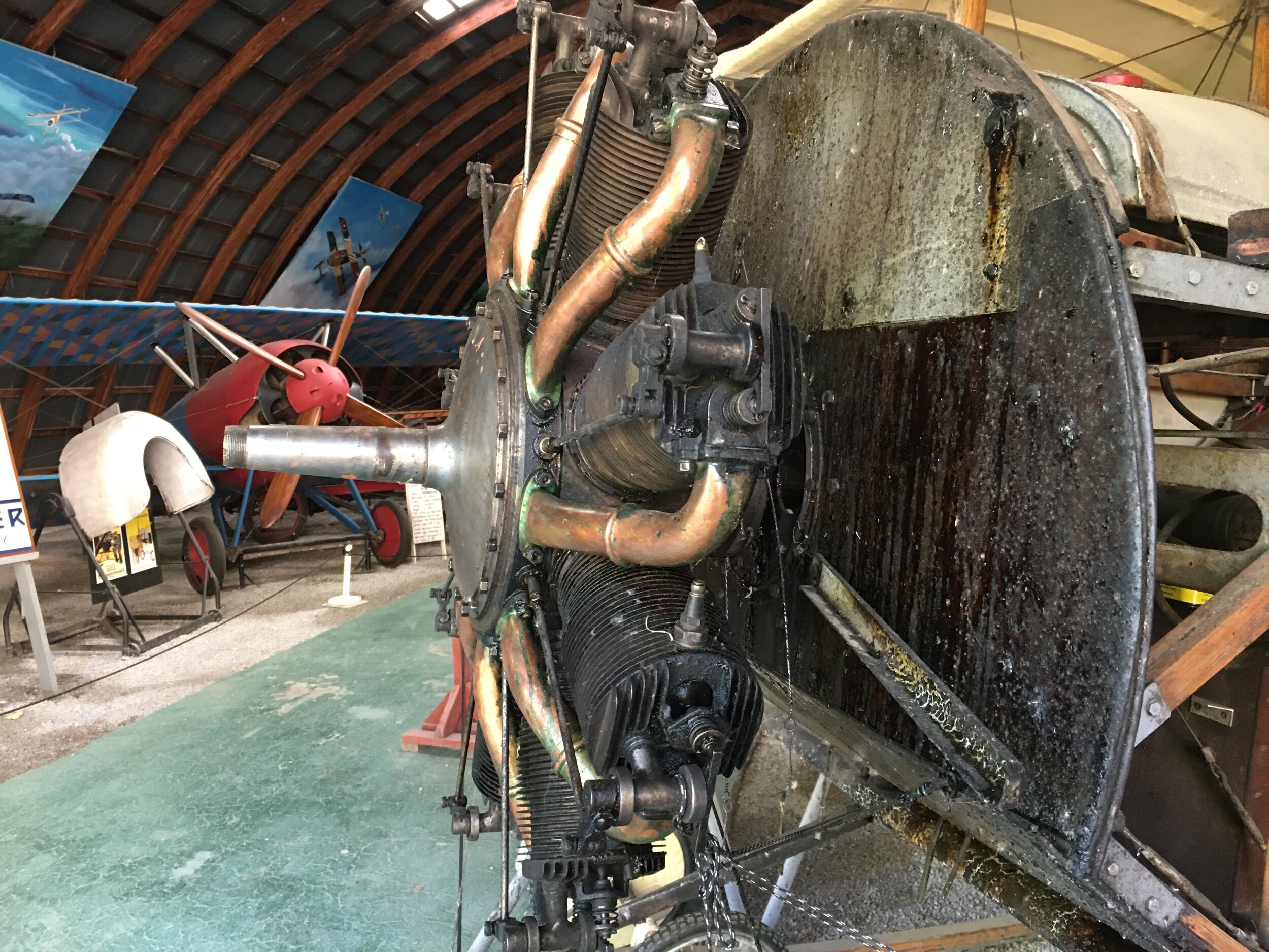  This early radial is unique in that the crank shaft is connected to the airframe and the case and cylinders of the engine rotate. As you can imagine there is a lot of rotational torque with this type of engine. 