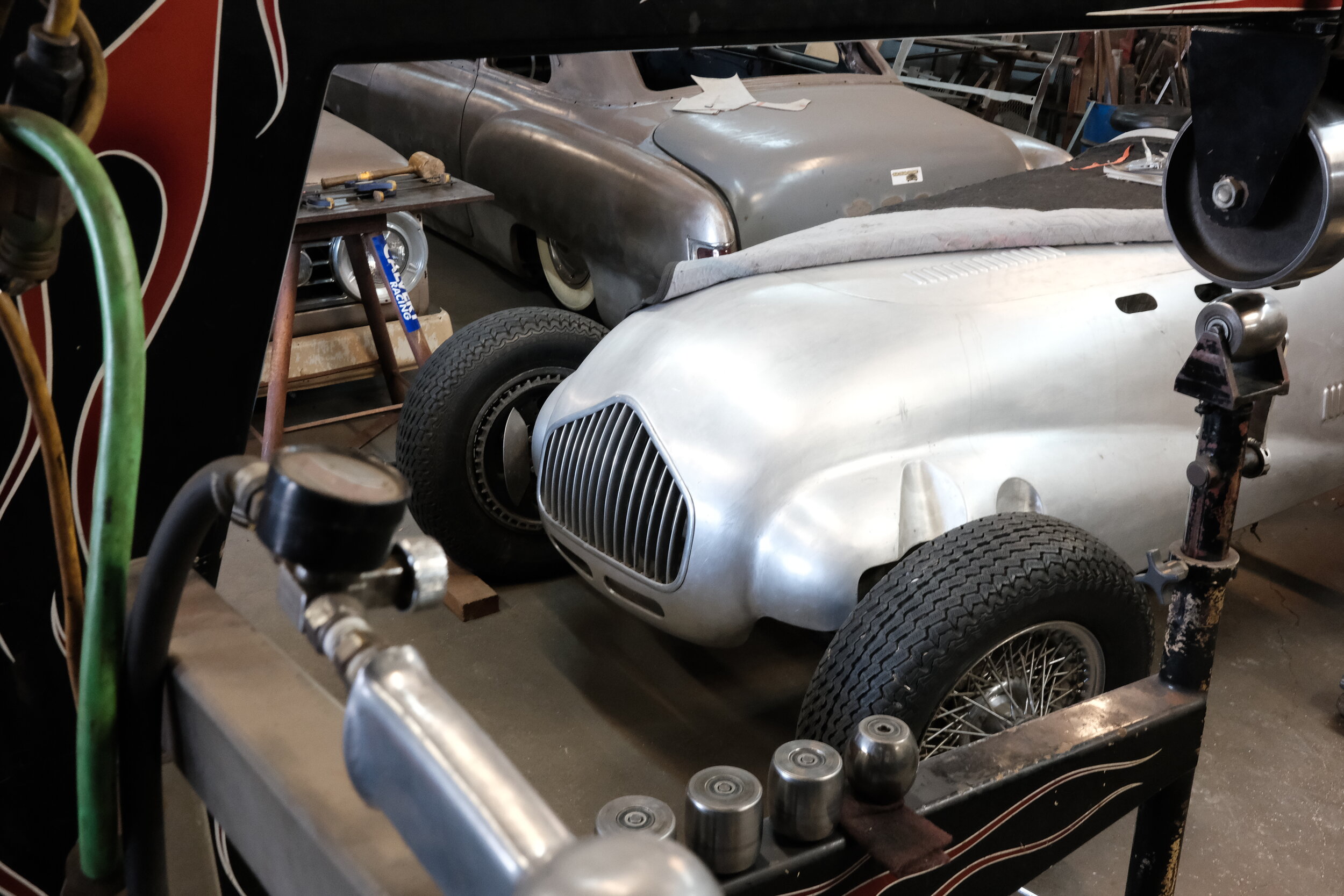  1951 Allard sports racing car. Blue Collar is mounting a new body, fabricated by Allard in the ‘60s, to the chassis. 