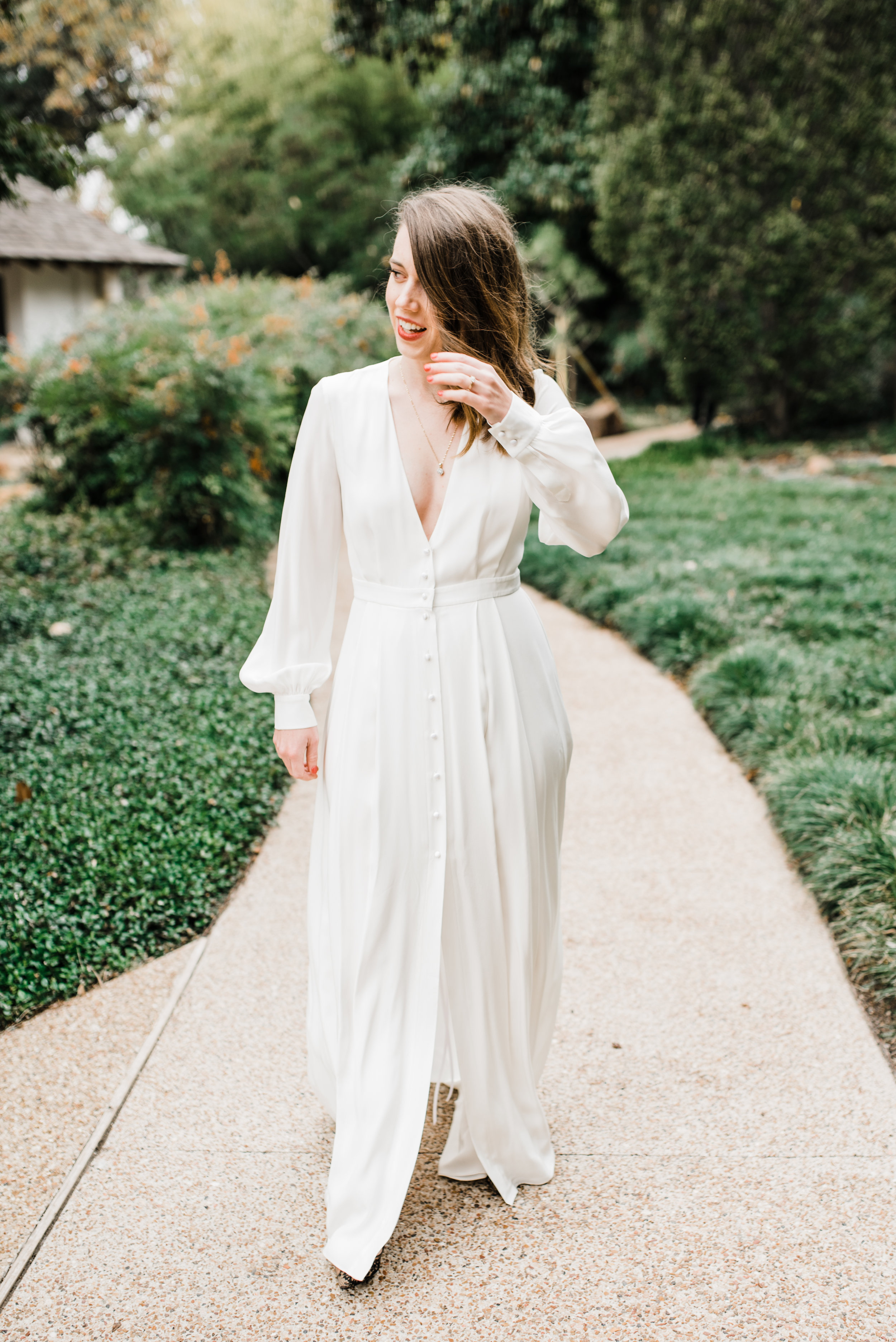 Bride walking down Fort Worth Japanese Gardens
