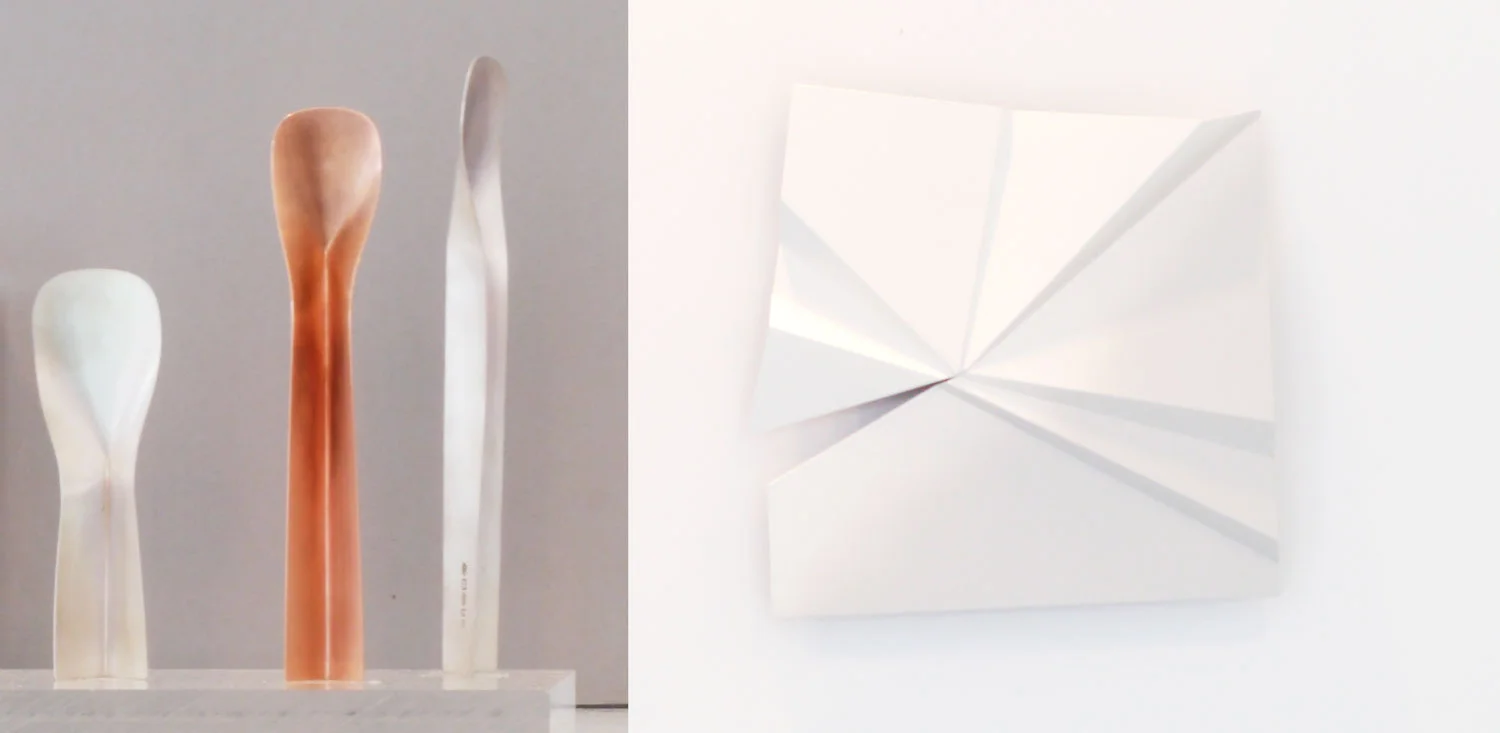 Copper work on wall. Spoon in silver and copper. Metal work on wall by KEITOMINAGA. Clerkenwell Design Week 2017.