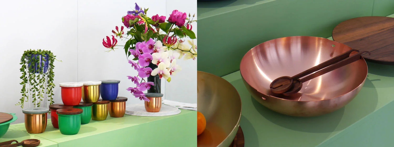Small containers with marble and wood lid. Copper bowl with salad spoon by Grace Souky. 