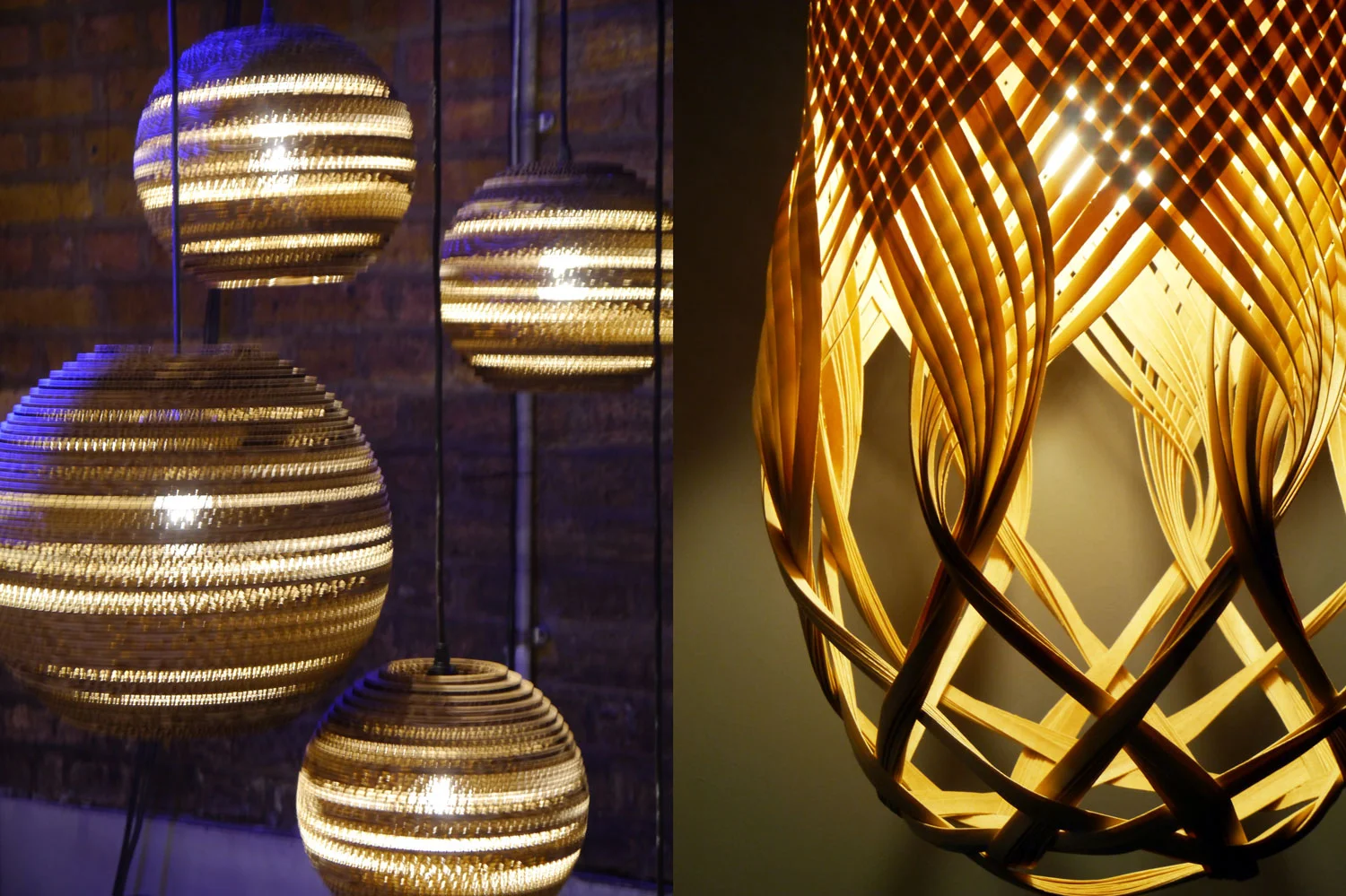 Corrugated cardboard, SCRAPLIGHT series by Graypants. Hand woven out of maple wood, PREN lighting by Louise Tucker.