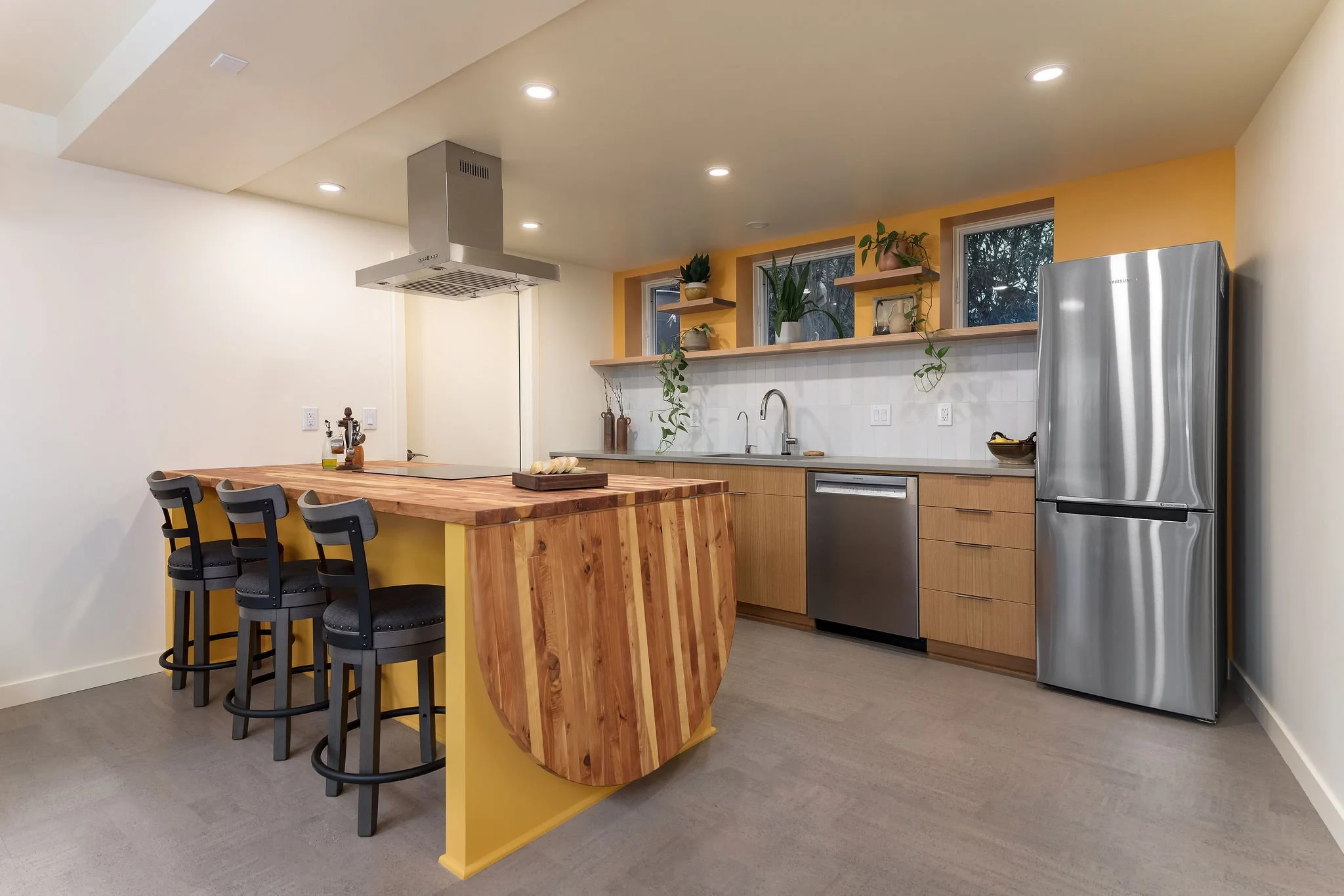 New kitchen with butchers block and accessible height countertops