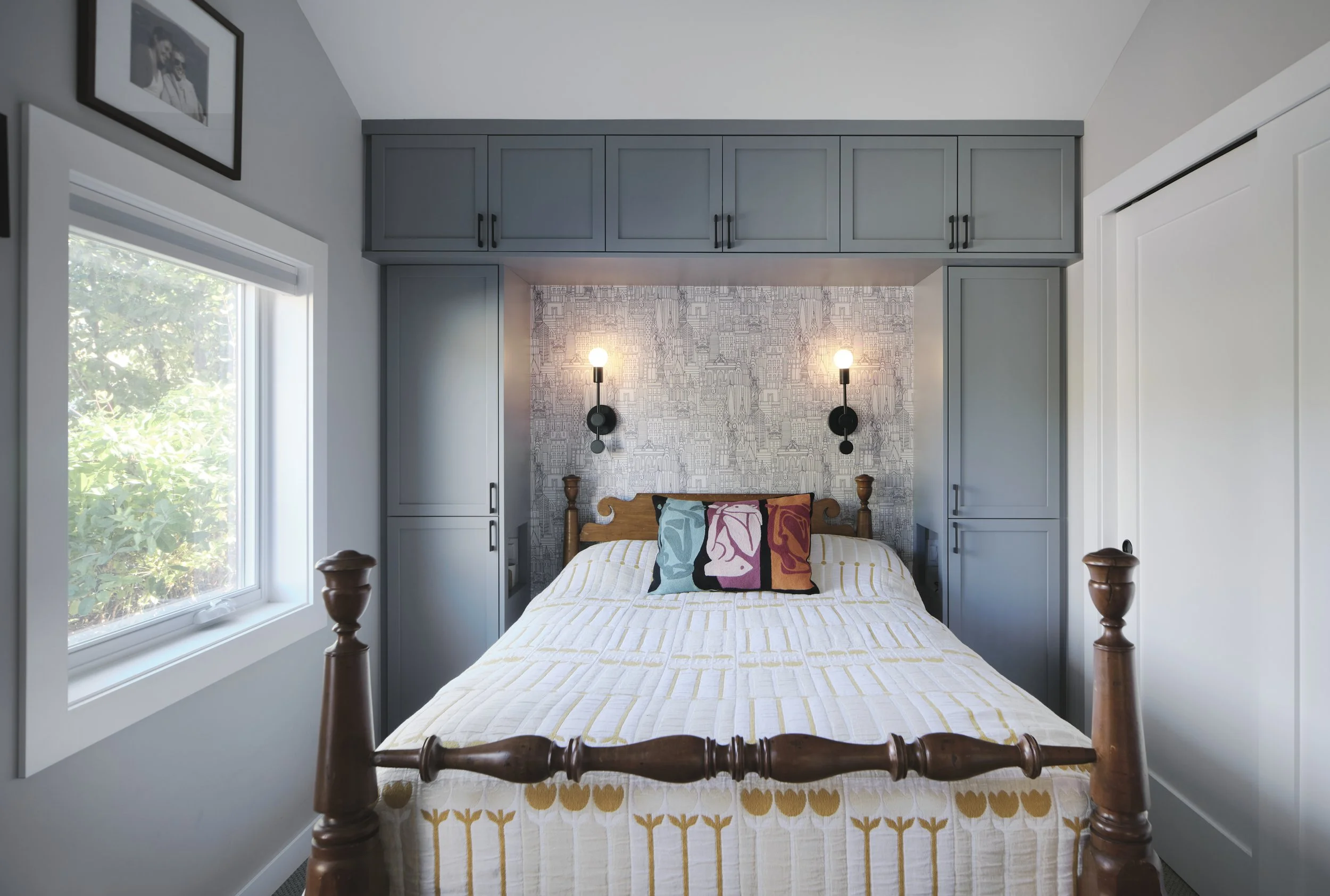 Bedroom with built-in shelving