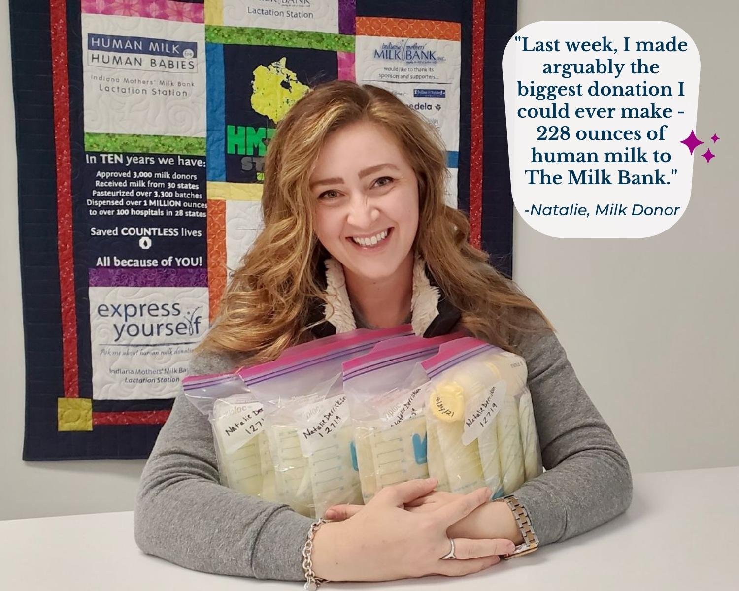 Milk Donor holds donation of extra breast milk and smiles.