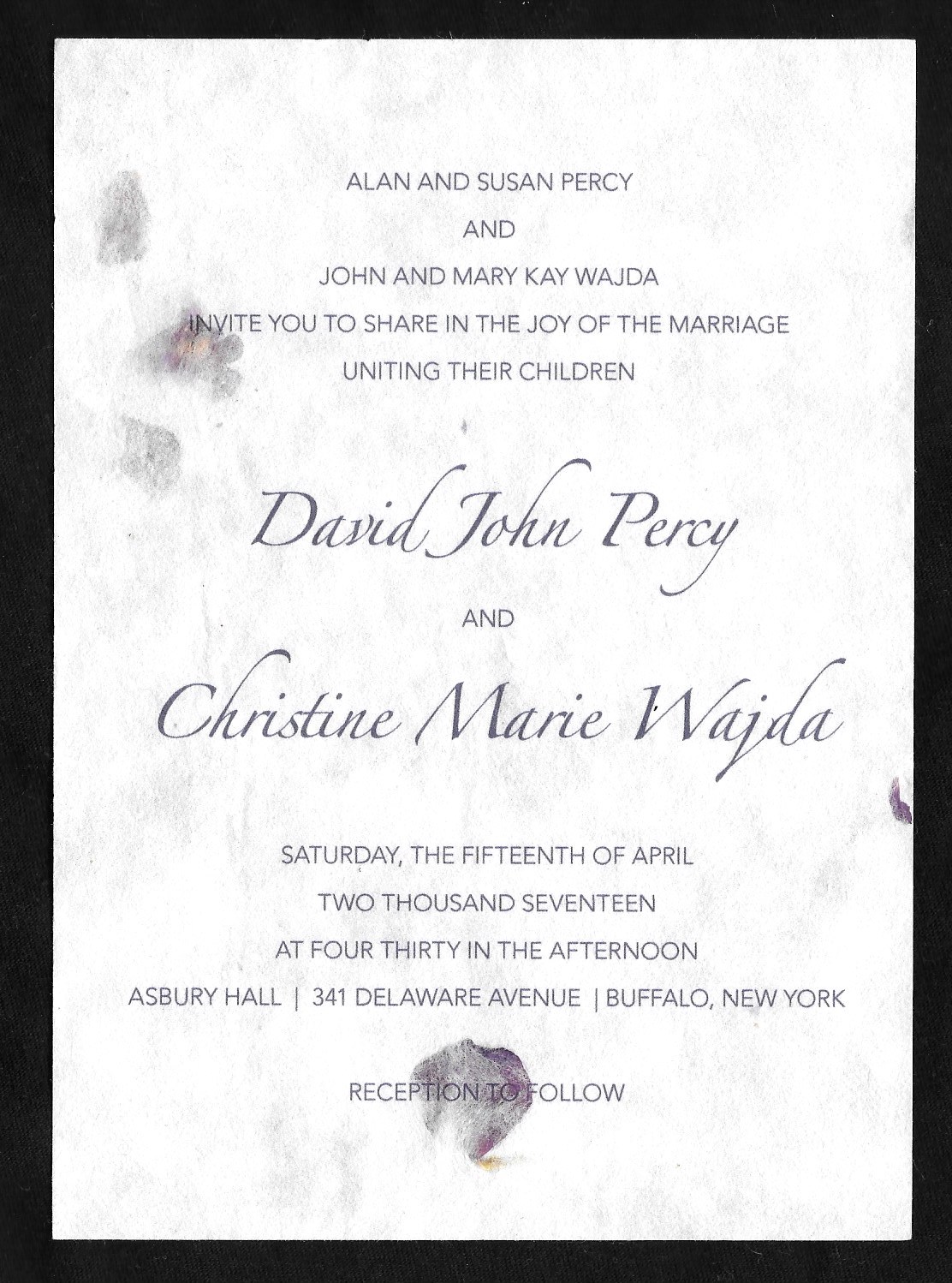 wedding invitations for David Percy & Christine Wajda