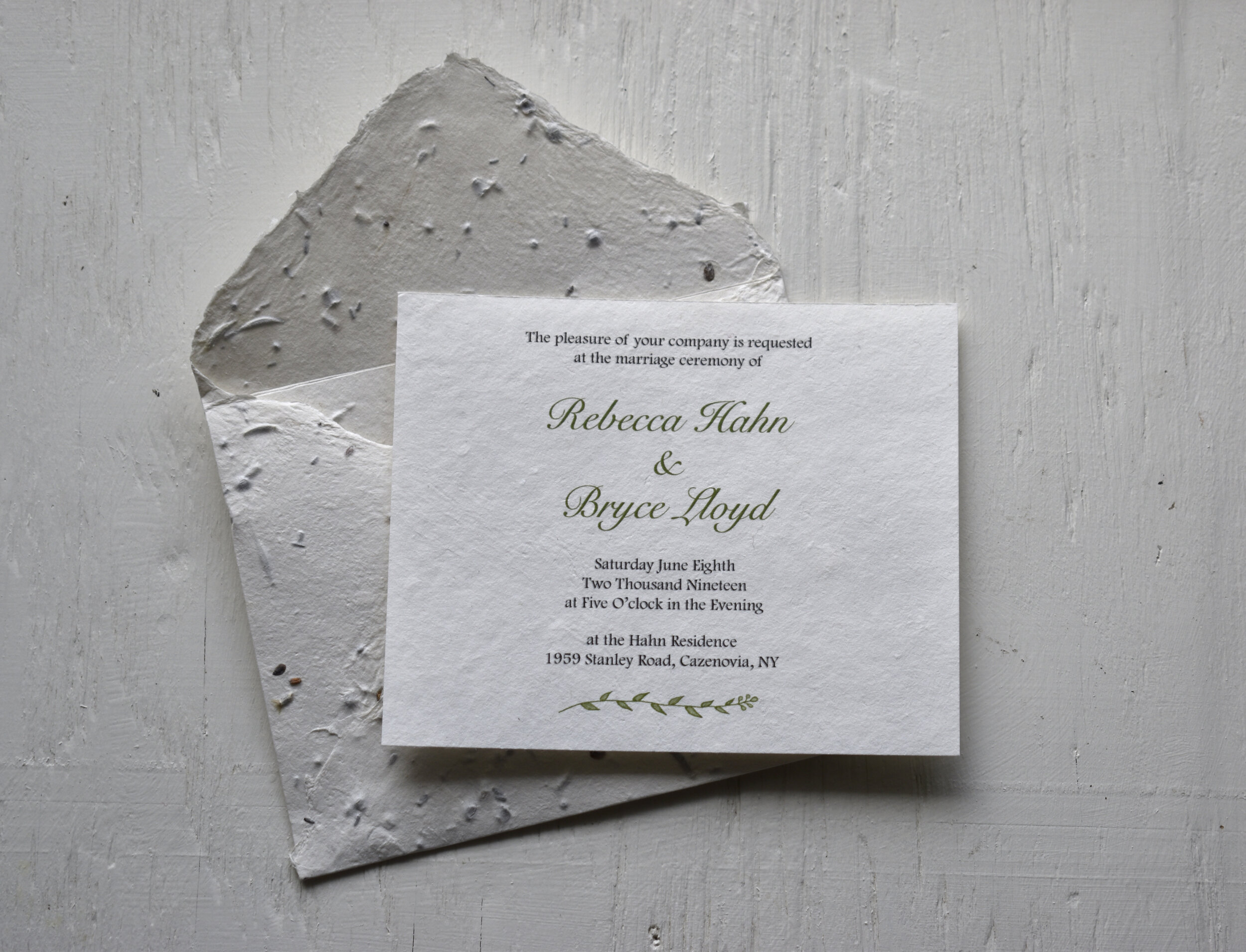 wedding invitations with seed paper envelopes for Becca & Bryce