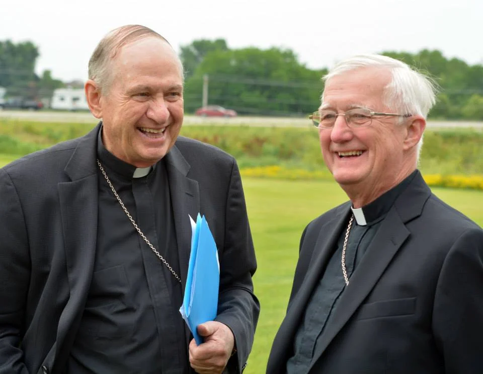 Bishop Richard Pates from Des Moines and Bishop Martin Amos from Davenport at press event.