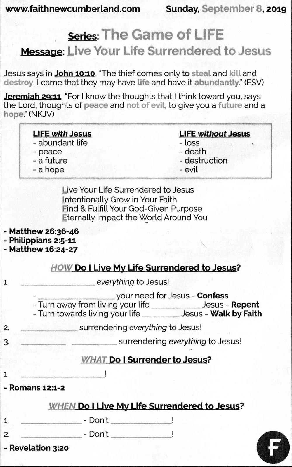 The Game Of Life Series Live Your Life Surrendered To Jesus Faith Assembly New Cumberland Pa