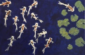 Coy Koi Giancarlo Ginocchio Atlanta semi abstract fine art trees mixed media acrylic oil paintings artwork fish lily pads water gcg painting pieces gallery ATL 