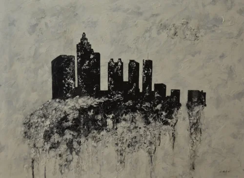 Atlanta Southbound skyline buildings Giancarlo Ginocchio Atlanta semi abstract fine art trees mixed media acrylic oil paintings artwork red gcg painting pieces gallery ATL 