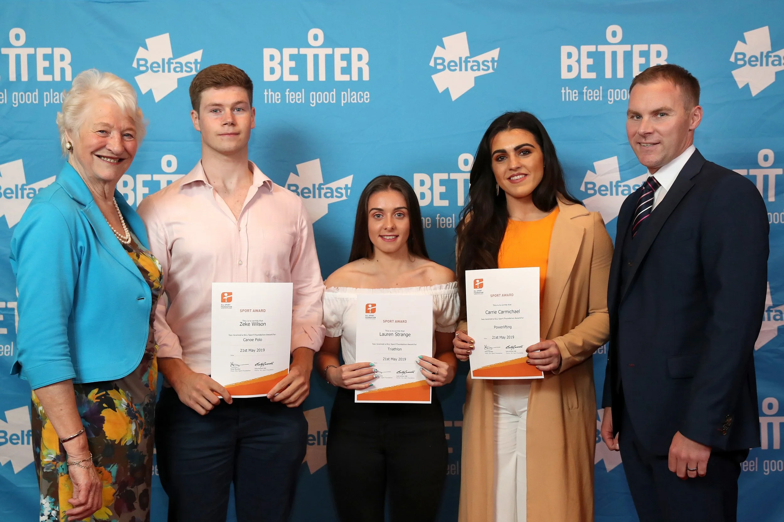 Lady Mary Peters, Zeke Wilson, Lauren Strange, Carrie Carmichael and GLL Regional Director Gareth Kirk at the GLL Sport Foundation Awards at Belfast City Hall last night.