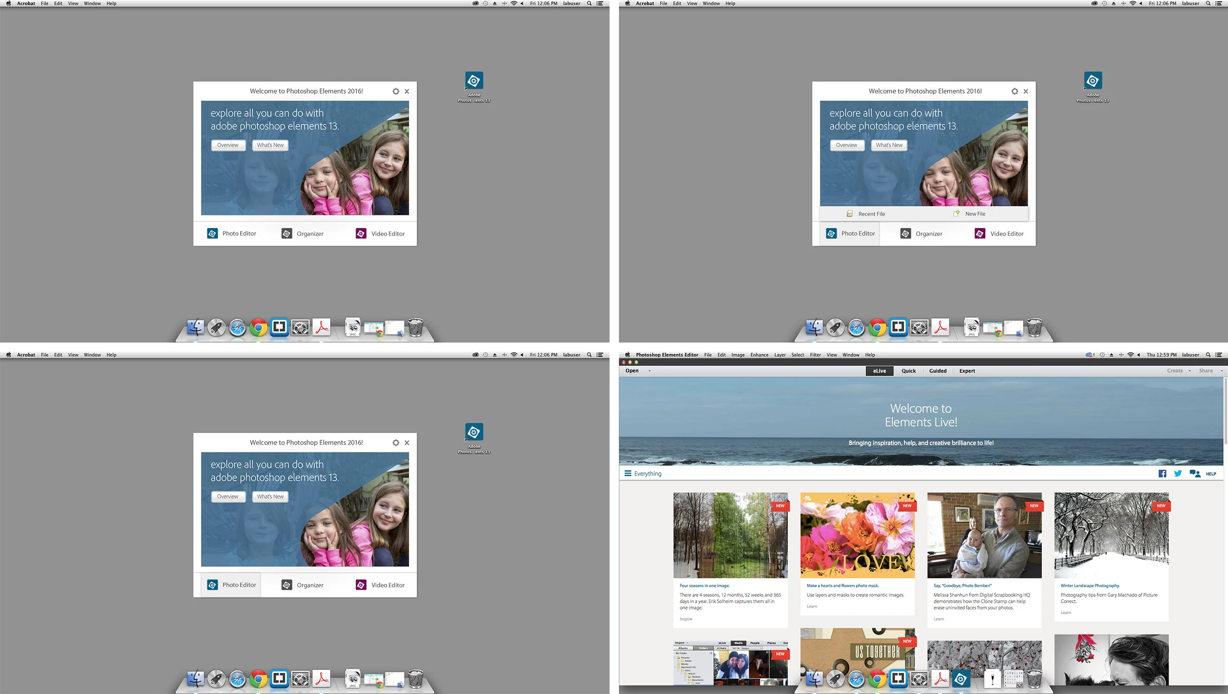   One concern with merging the different product welcome experiences was ensuring that none of the individual workflows changed too much and yet seem homogenized enough. Here are the different launch states for Photoshop elements, for old and first t
